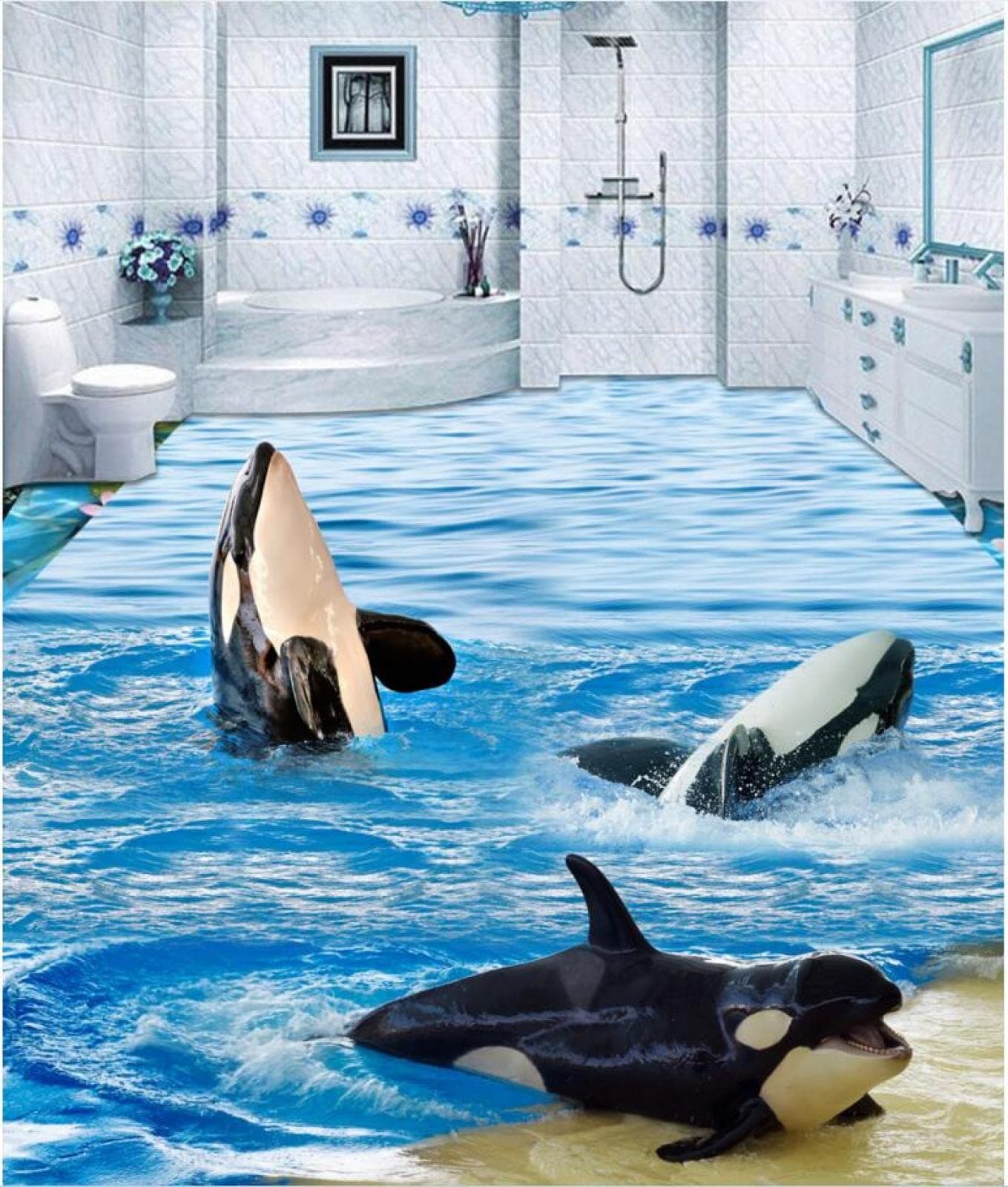 Wall Mural Wallpaper 116 x 83 inch (Width x Height) Custom Photo 3D PVC Flooring self Adhesion The Waves of The Dolphins Decoration Painting 3D Wall murals Wallpaper for Walls 3D