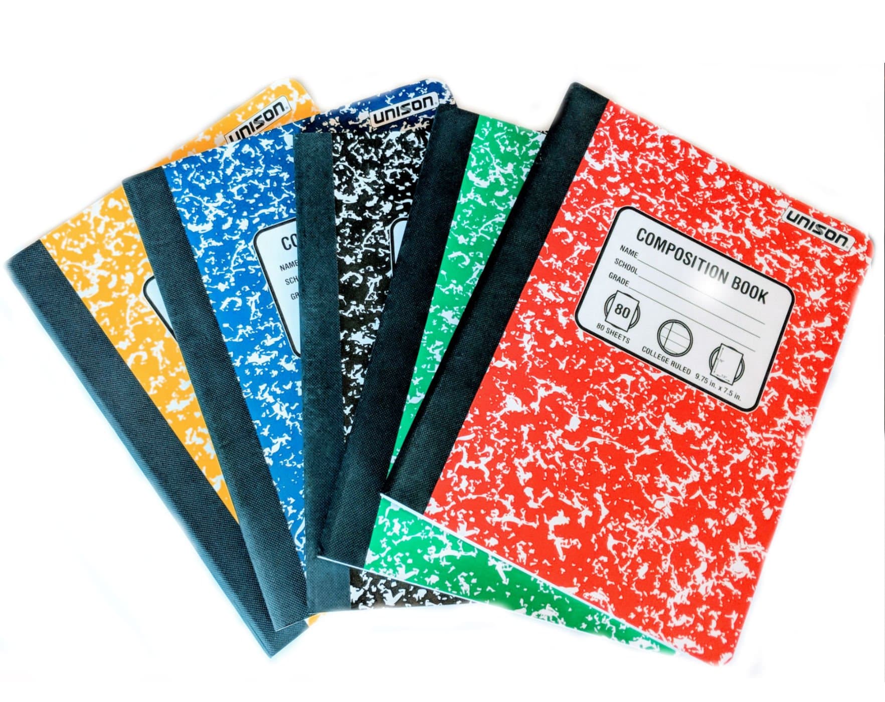 Bundle of 5 Marbled College Ruled Composition Notebooks: One Black, Red, Yellow , Blue , Green