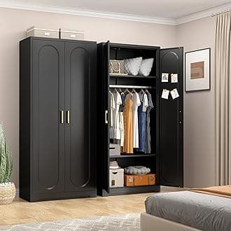 Wardrobe Closet with Doors, Wardrobe Cabinet with 2 Adjustable Shelves,Armoire Wardrobes Closet with Hanging Rod for Bedroom, Employee, School, Gym, Armarios De Ropa para Dormitorio, Black