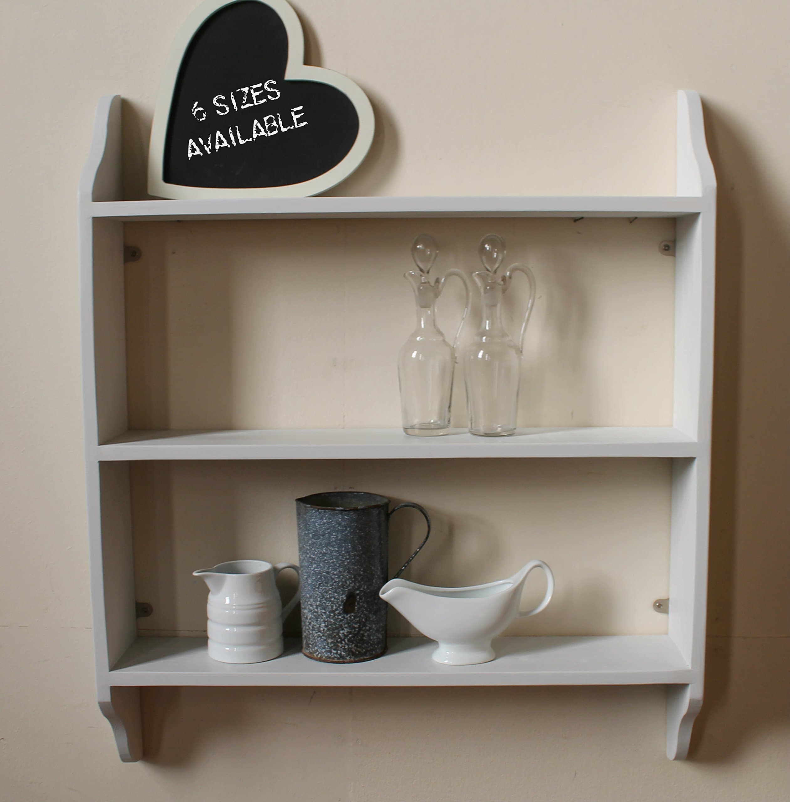 Three tier shelf, pale grey, lightly distressed finish, 6 sizes available