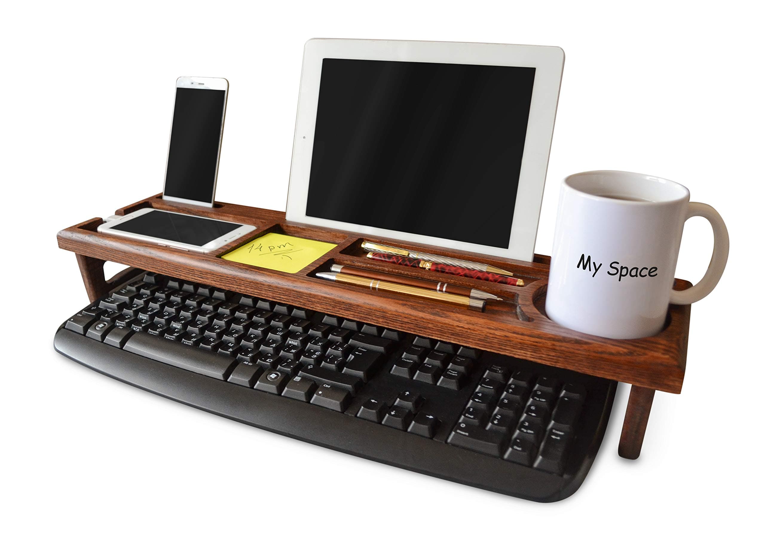 Wood Cell Phone Tablet Dock Stand Accessory Gift Walnut Keyboard Organizer