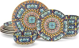 vancasso12 Pieces Dinnerware Sets, Yellow Plates and Bowls Set, Porcelain Dishes Set for 4, Microwave and Dishwasher Safe, Scratch Resistant, Bohemian Style Dining Ware Service for 4, Series SIMI