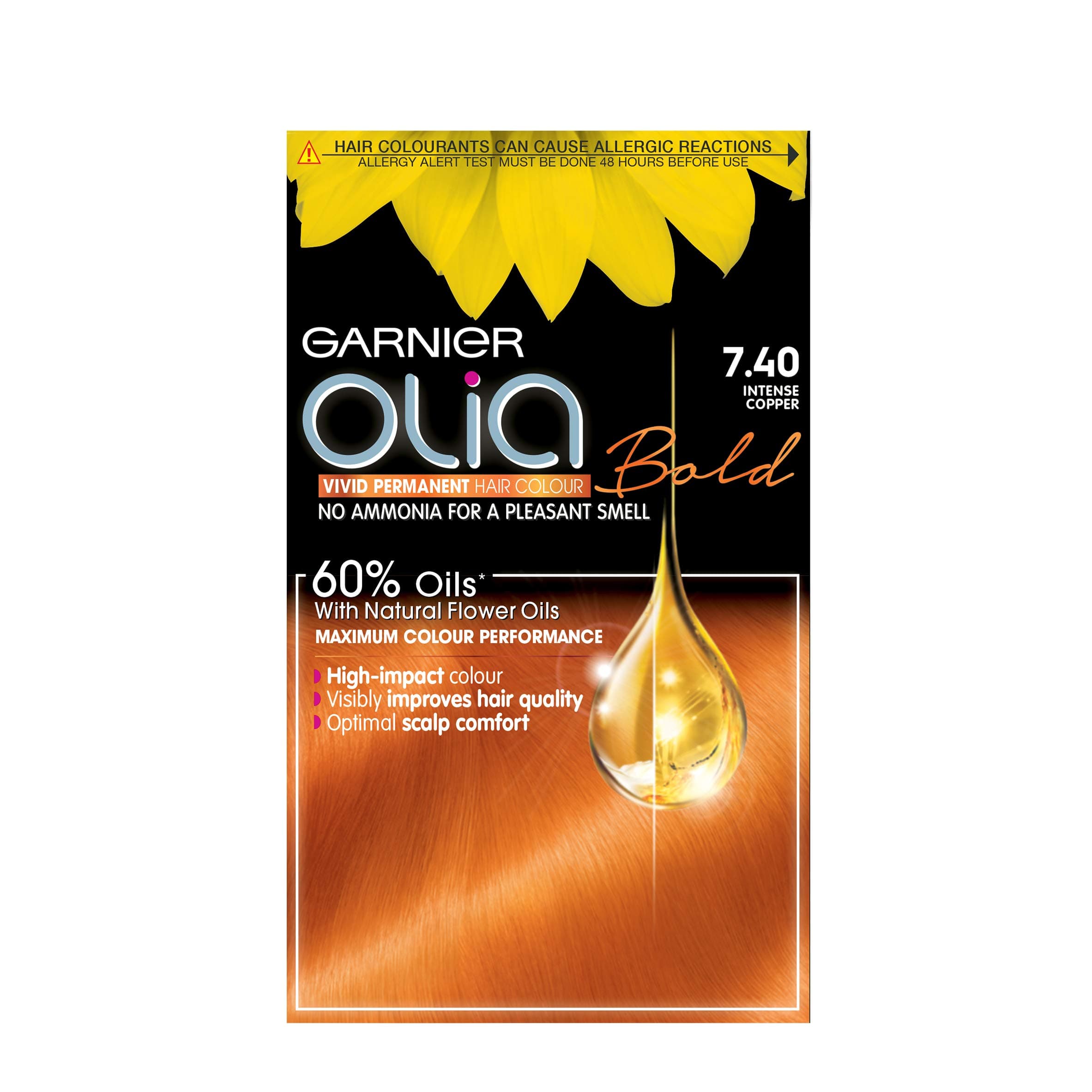 Garnier Olia Permanent Hair Dye, No Ammonia, Full Grey Coverage, Long-lasting Colour & Shine, Vegan Formula, Colour: 7.40 Intense Copper, 230g