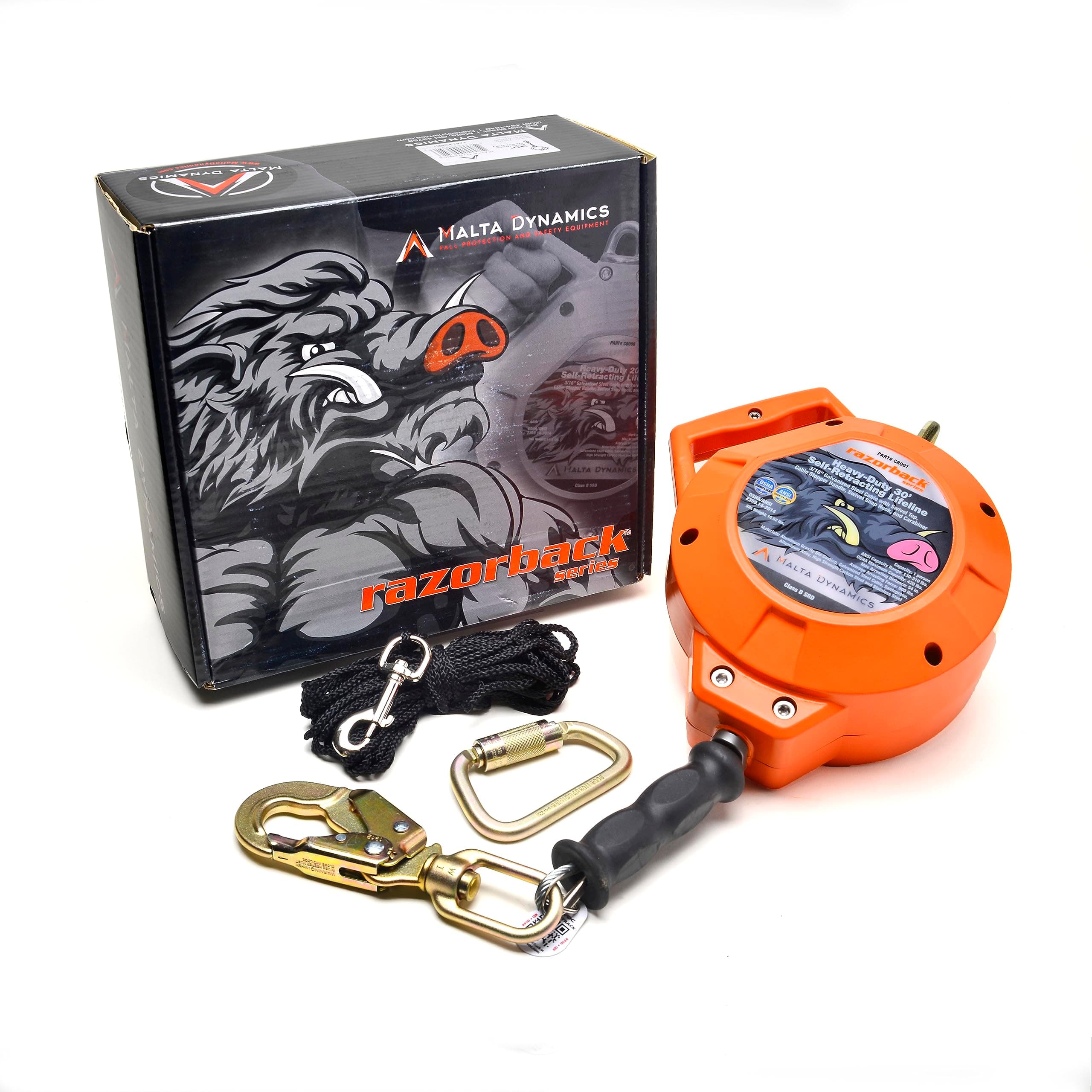 Malta Dynamics Razorback 30' Heavy-Duty Self Retracting Lifeline, Quick-Action Braking System, Galvanized YoYo Cable, Fall Protection Retractable Safety Harness Lanyard - OSHA/ANSI Compliant