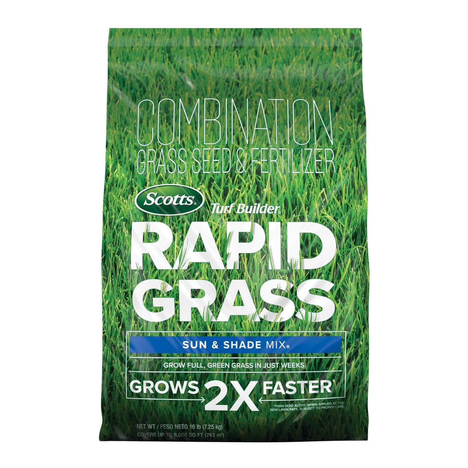 Scotts Turf Builder Rapid Grass Sun and Shade Mix - Combination Grass Seed & Lawn Fertilizer, Covers Up To 8,000 sq. ft., 16 lb.