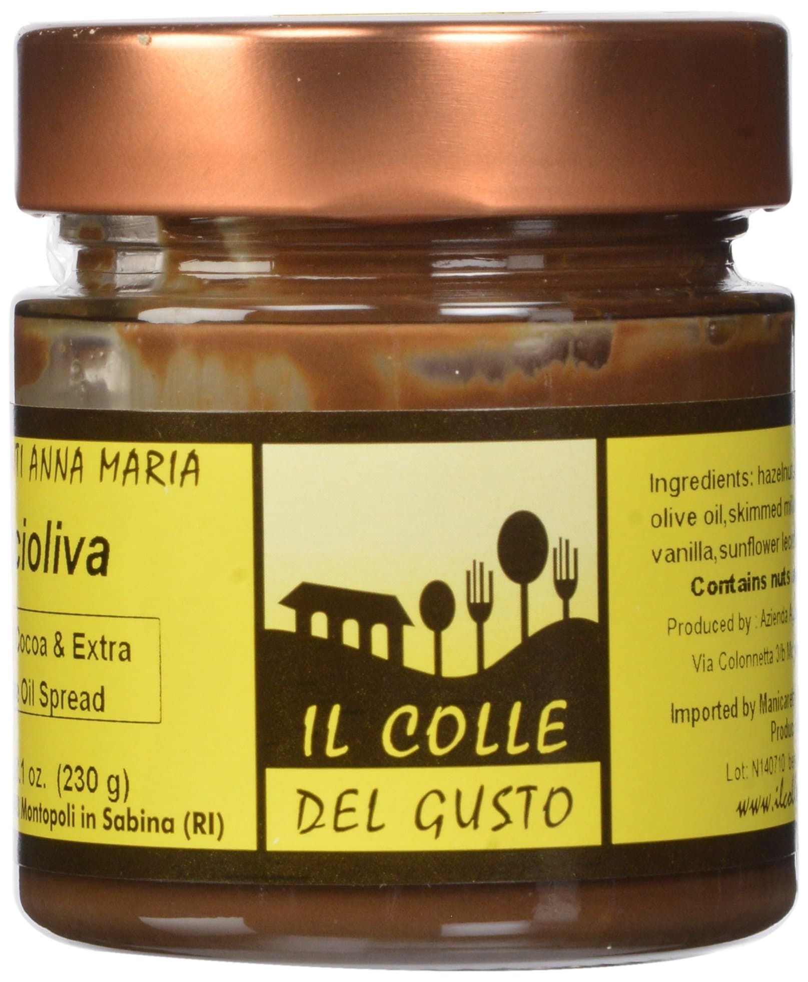 Il Colle Del Gusto Smooth Hazelnut Chocolate Spread with Extra Virgin Olive Oil, Noccioliva, 8.1 Ounce