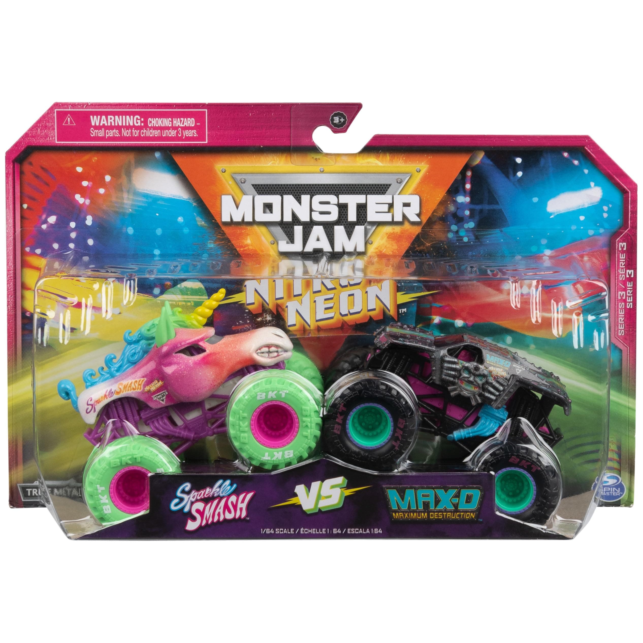 Official Nitro Neon, Sparkle Smash Vs. Max-D, 1:64 Scale Die-Cast Monster Trucks, Kids Toys for Boys Ages 3 and up