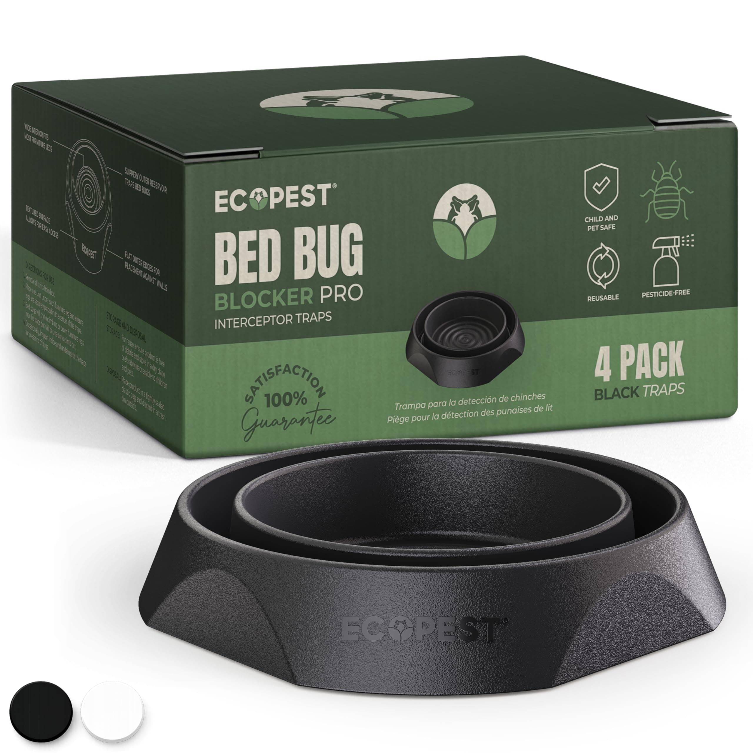 Bed Bug Interceptors – 4 Pack | Bed Bug Blocker (Pro) Interceptor Traps | Insect Trap, Monitor, and Detector for Bed Legs (Black)
