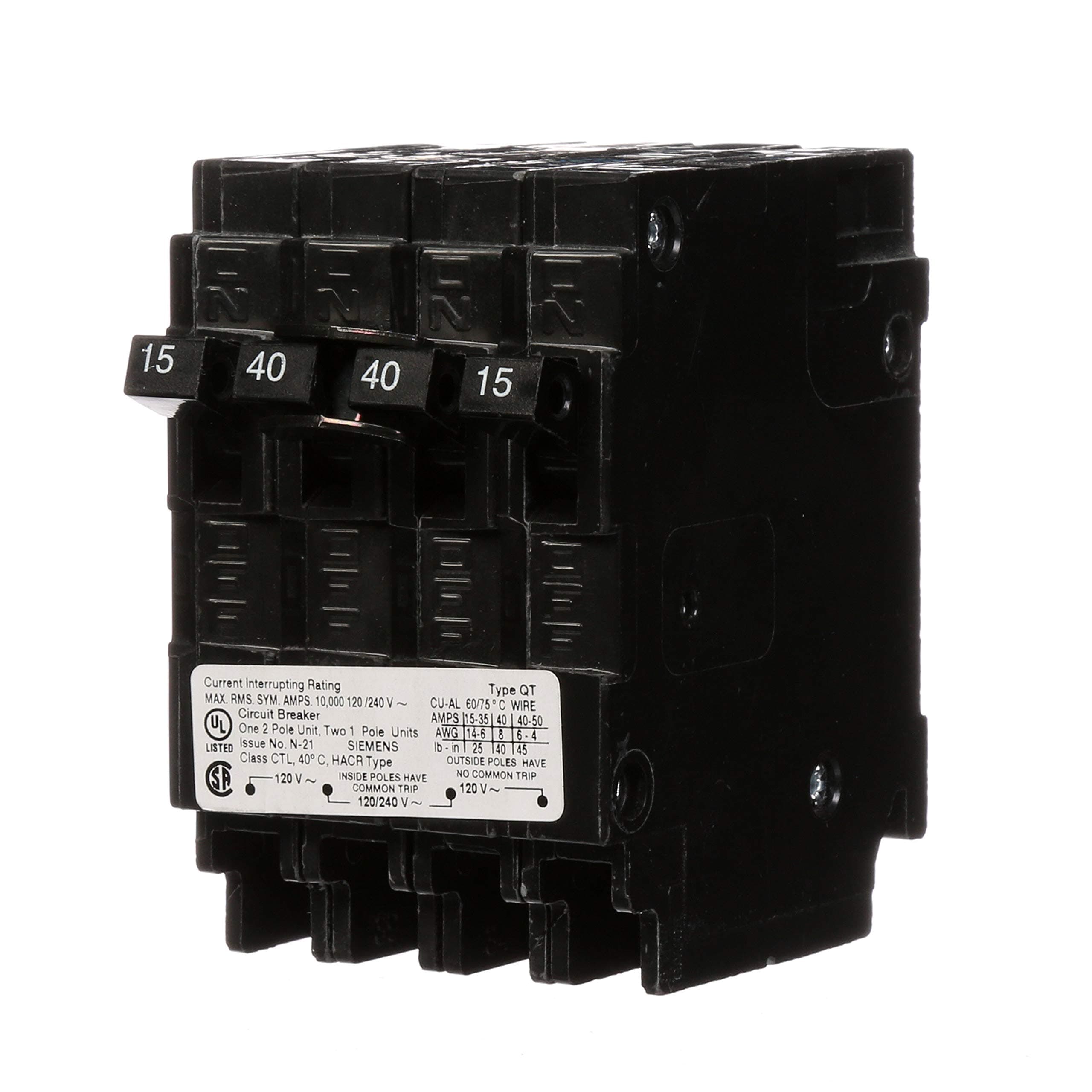 40 Amp Double-Pole and (2) 15 Amp Single-Pole Type QT Triplex Circuit Breaker