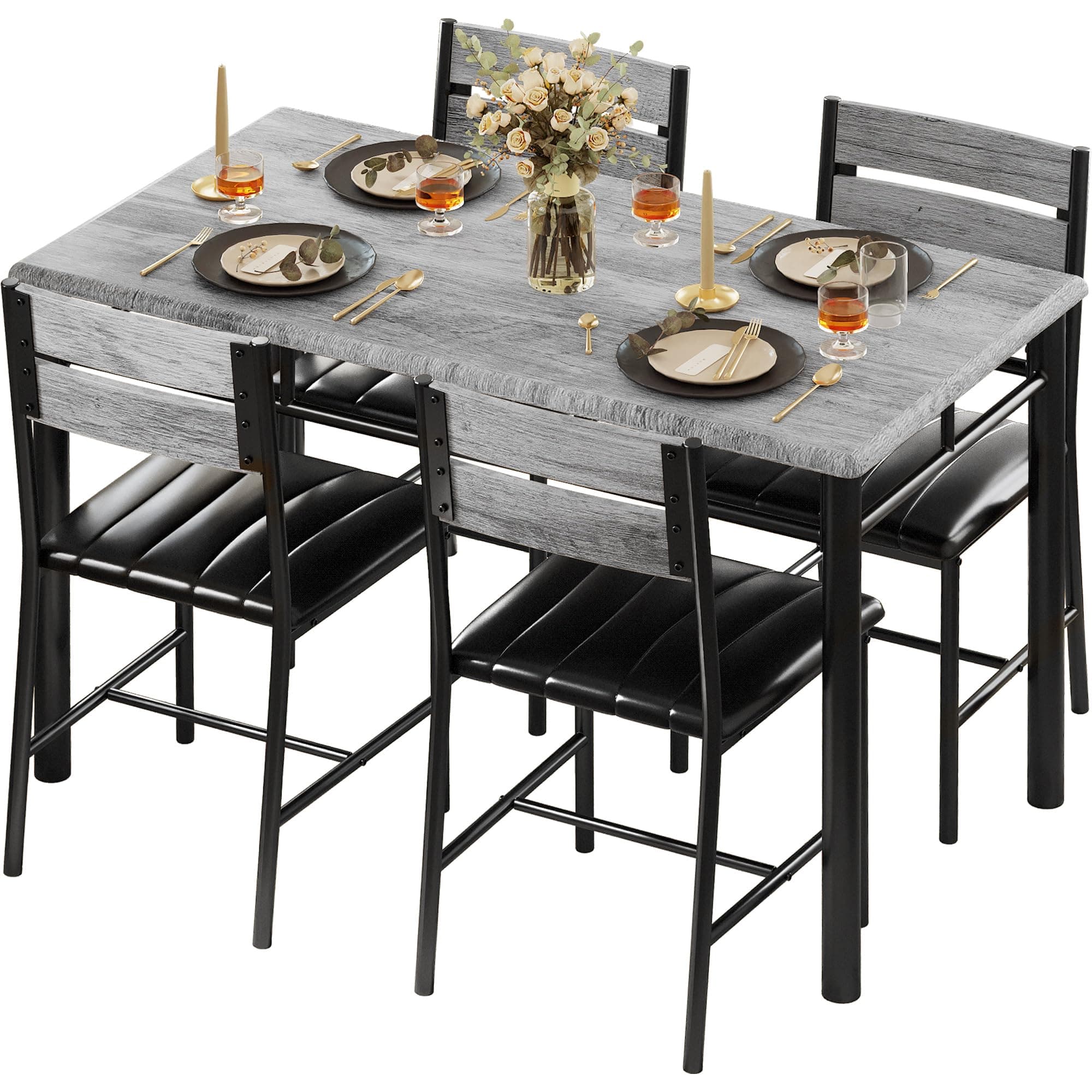 IRONCK Dining Table Set for 4, Wood Kitchen Table with Upholstered Chairs for Kitchen Room and Small Spaces, Grey