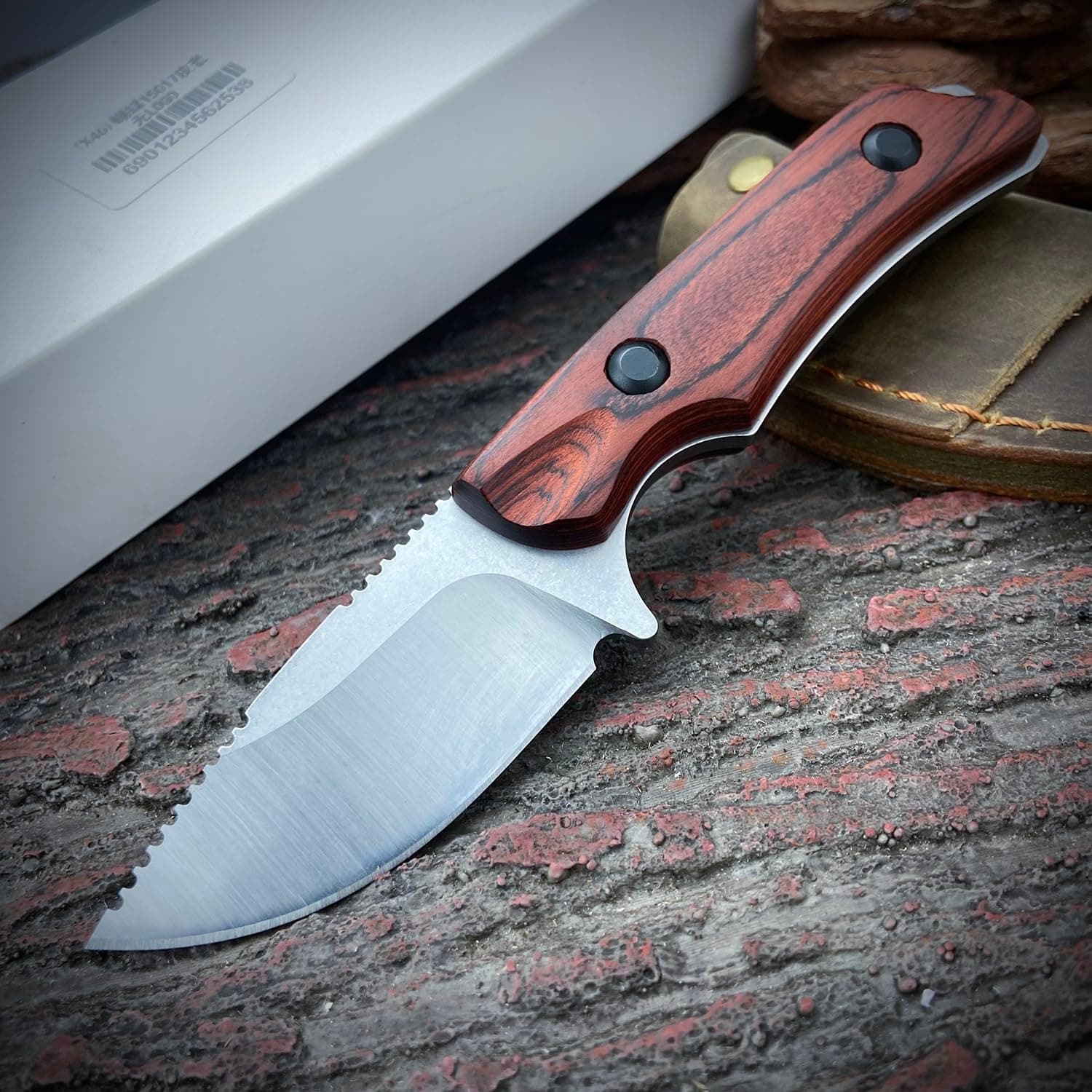 EDC Small Fixed Blade Hunting Knife with Leather Sheath, Full Tang 2.56" 8Cr13Mov Steel, Stable Wooden Handle Camp & Bushcraft Knife for Men & Women (120 Grams)