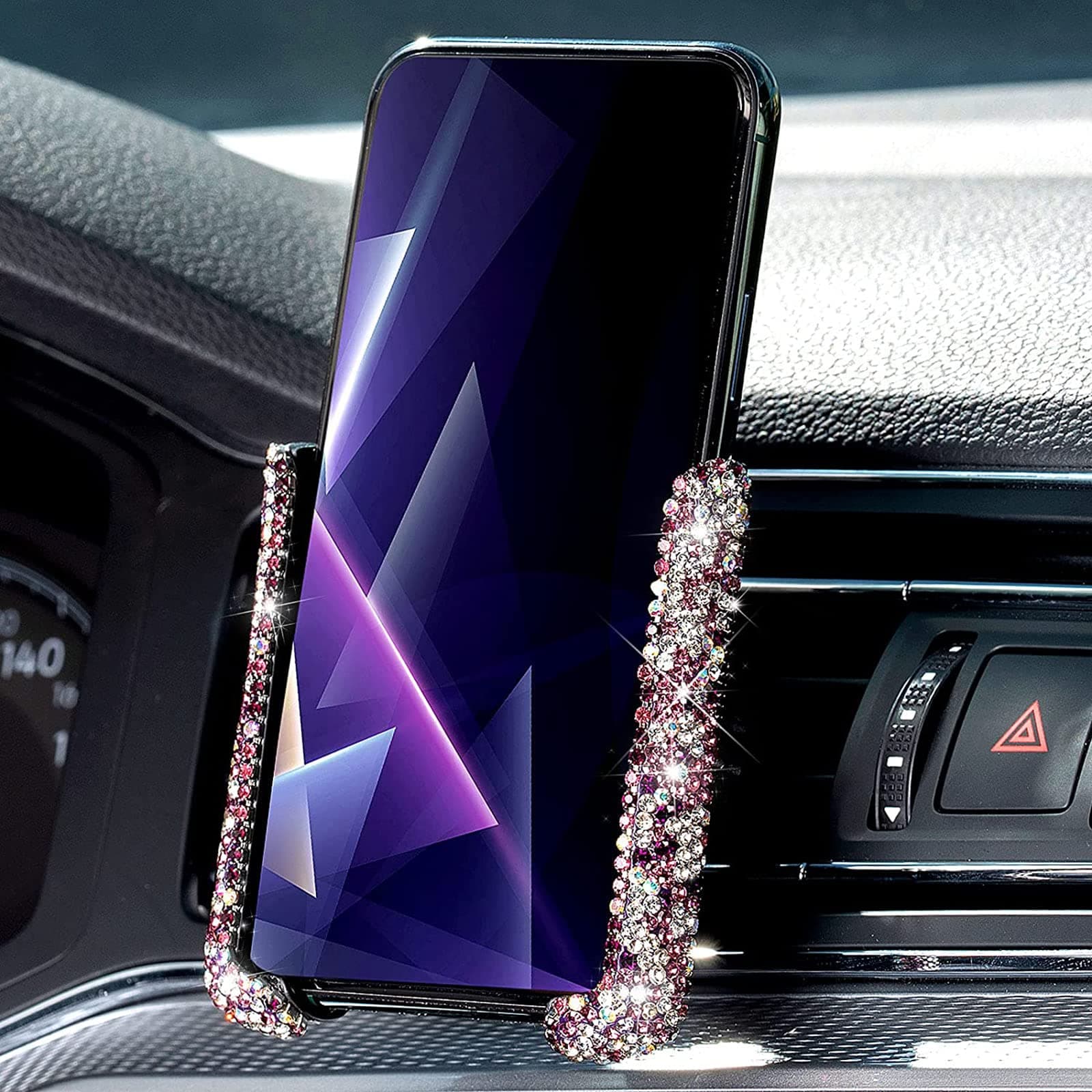 Bling Car Phone Holder Mini Car Dash Air Vent Automatic Phone Mount Universal, 360°Adjustable and Stable Triangle Support, Crystal Auto Car Stand Phone Holder Accessories for Women and Girls (Pink)