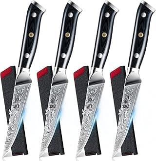 KYOKU Gin Series Steak Knife Set of 4, 4.5" Steak Knives, Japanese VG10 Damascus Stainless Steel Kitchen Knife Set with Silver Ion Blades G10 Handles Mosaic Pins, Cutlery Set w/Sheaths & Case