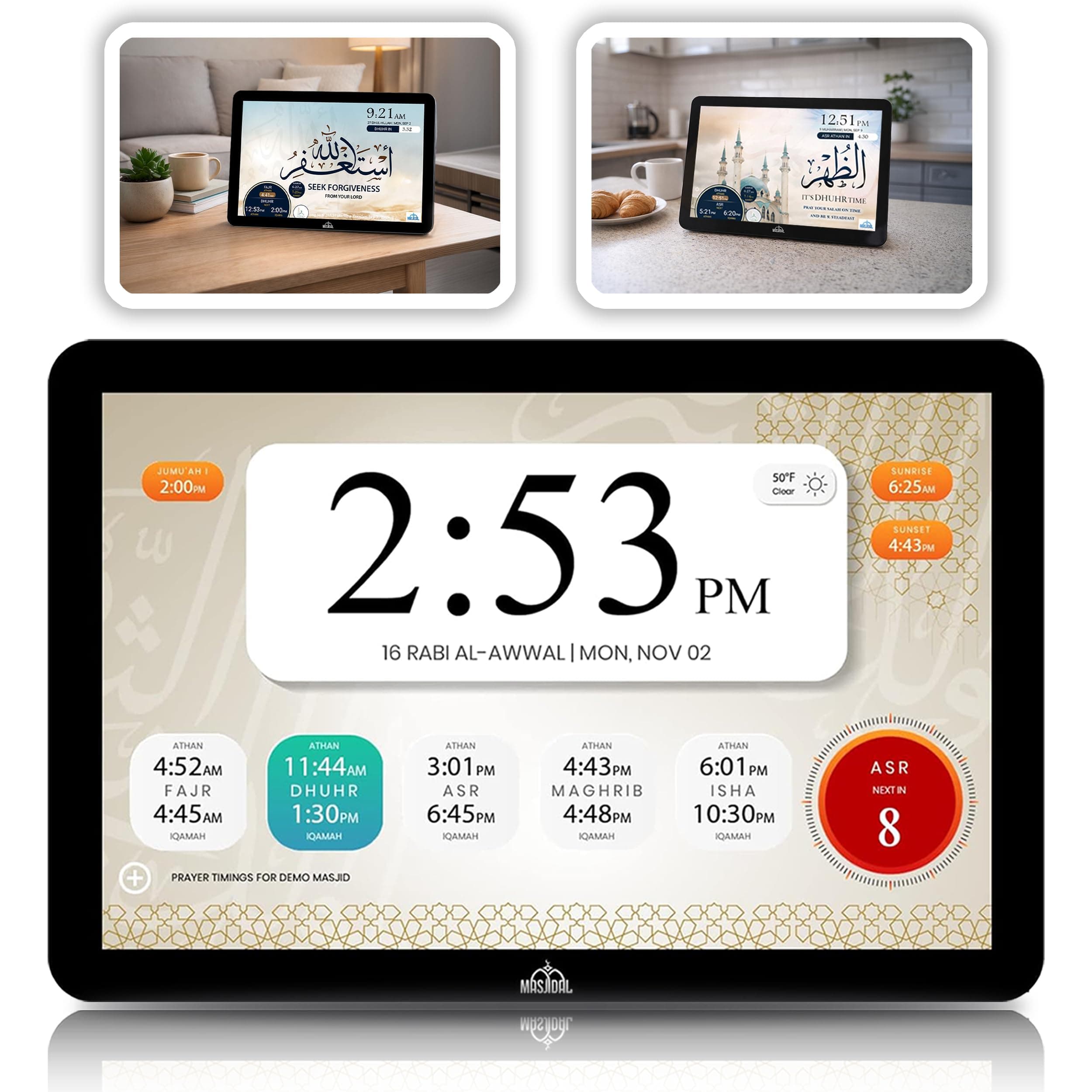 Masjidal 14" Digital Azan Clock with WiFi, Dynamic Touch Screen, Worldwide Prayer Times, Full Quran Player, Islamic Art, Streaming Halal Muslim Content: Duas, Dhikr, Hadith, Surah of The Day, Black