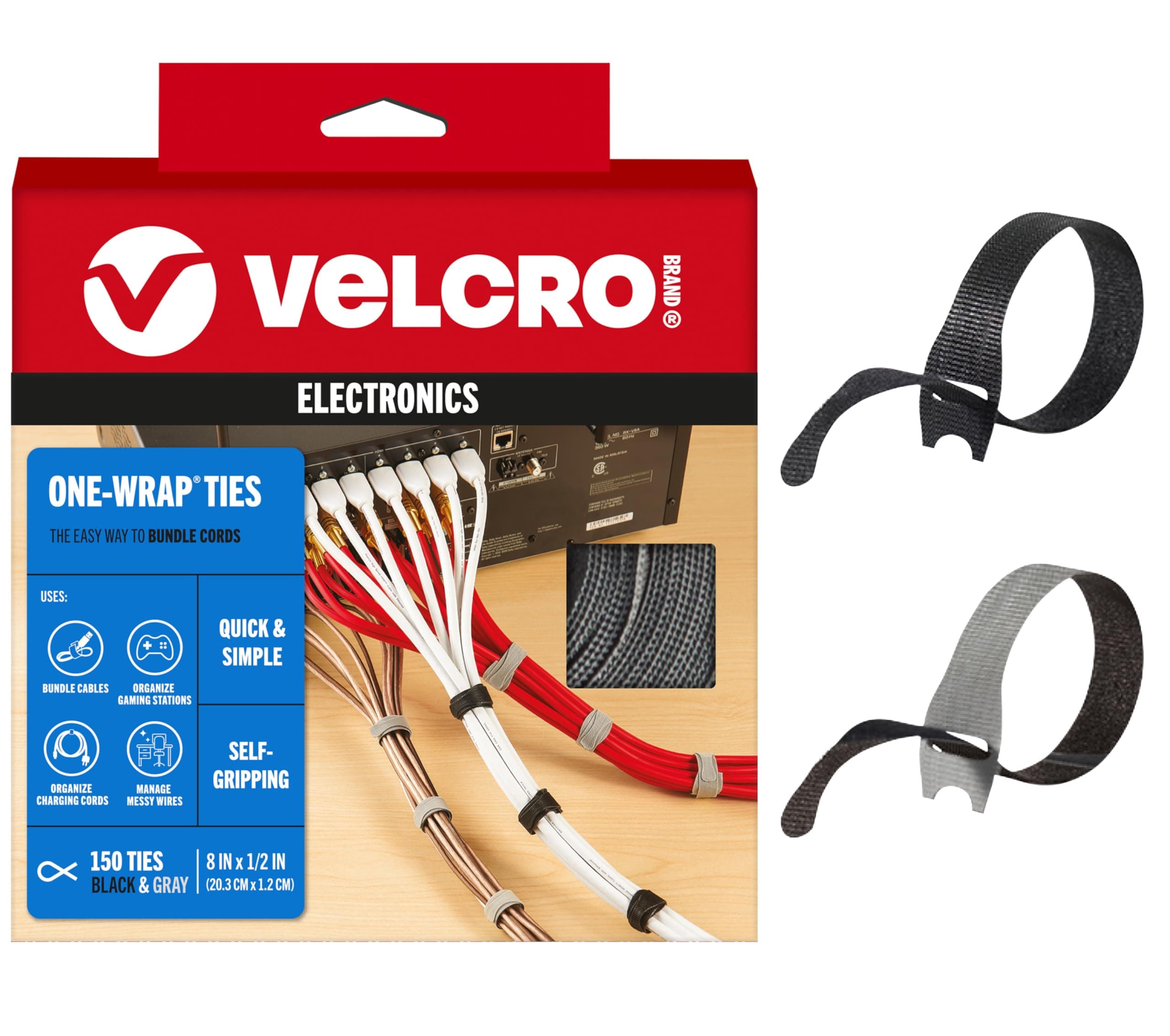 VELCRO Brand 150 Pack Cable Ties Value Pack | Reusable Straps Replace Zip Ties Reduce Waste | Wire Management and Cord Organizer | 8 x 1/2 Inch Thin Pre-Cut Design, Black & Gray