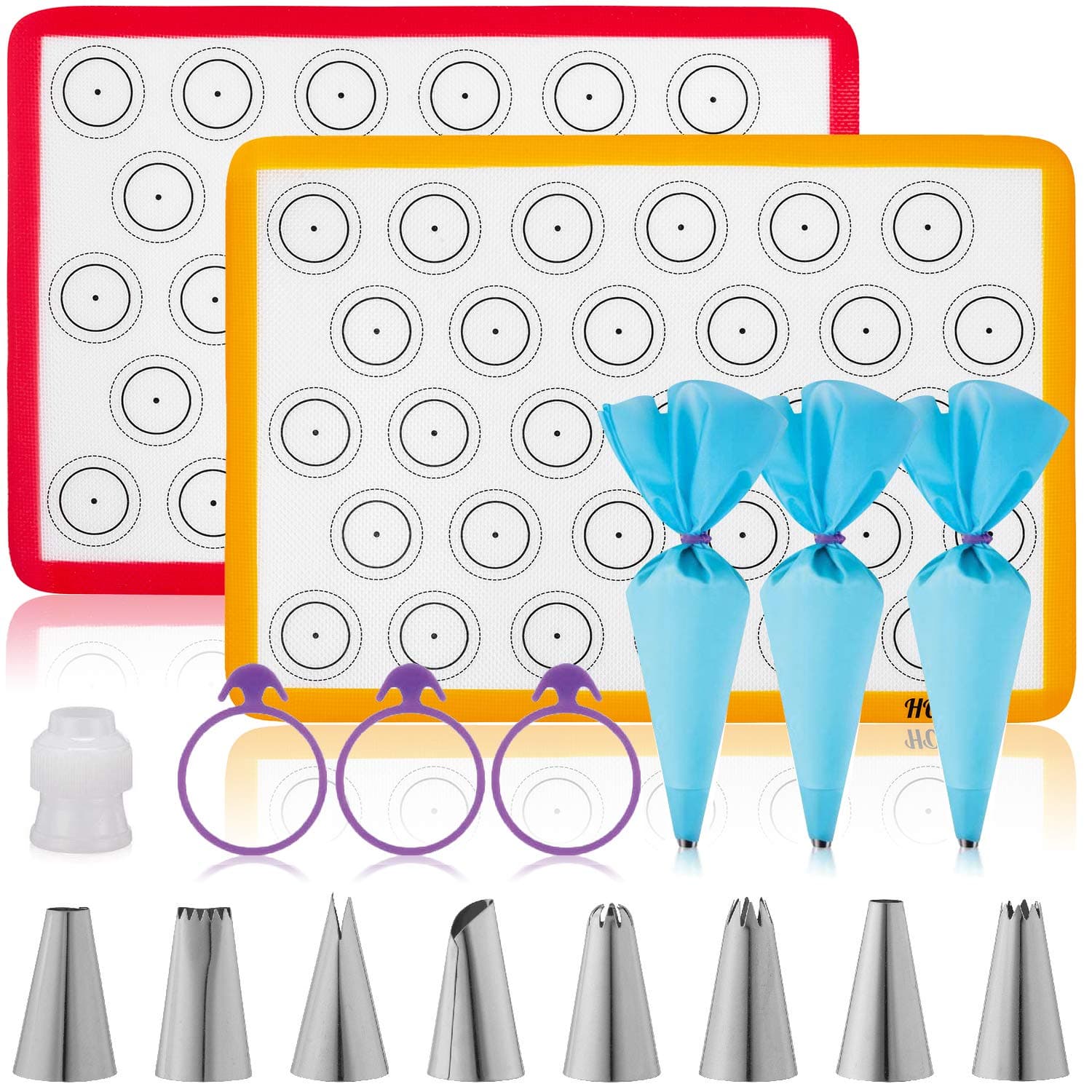 Hotpop Macaron Baking Kit (17pcs Set) – 2 Half Size Silicone Macaron Baking Mats (0.75mm) Plus 8 Piping Tips, 3 Piping Bags with 3 Bag Ties, 1 Coupler