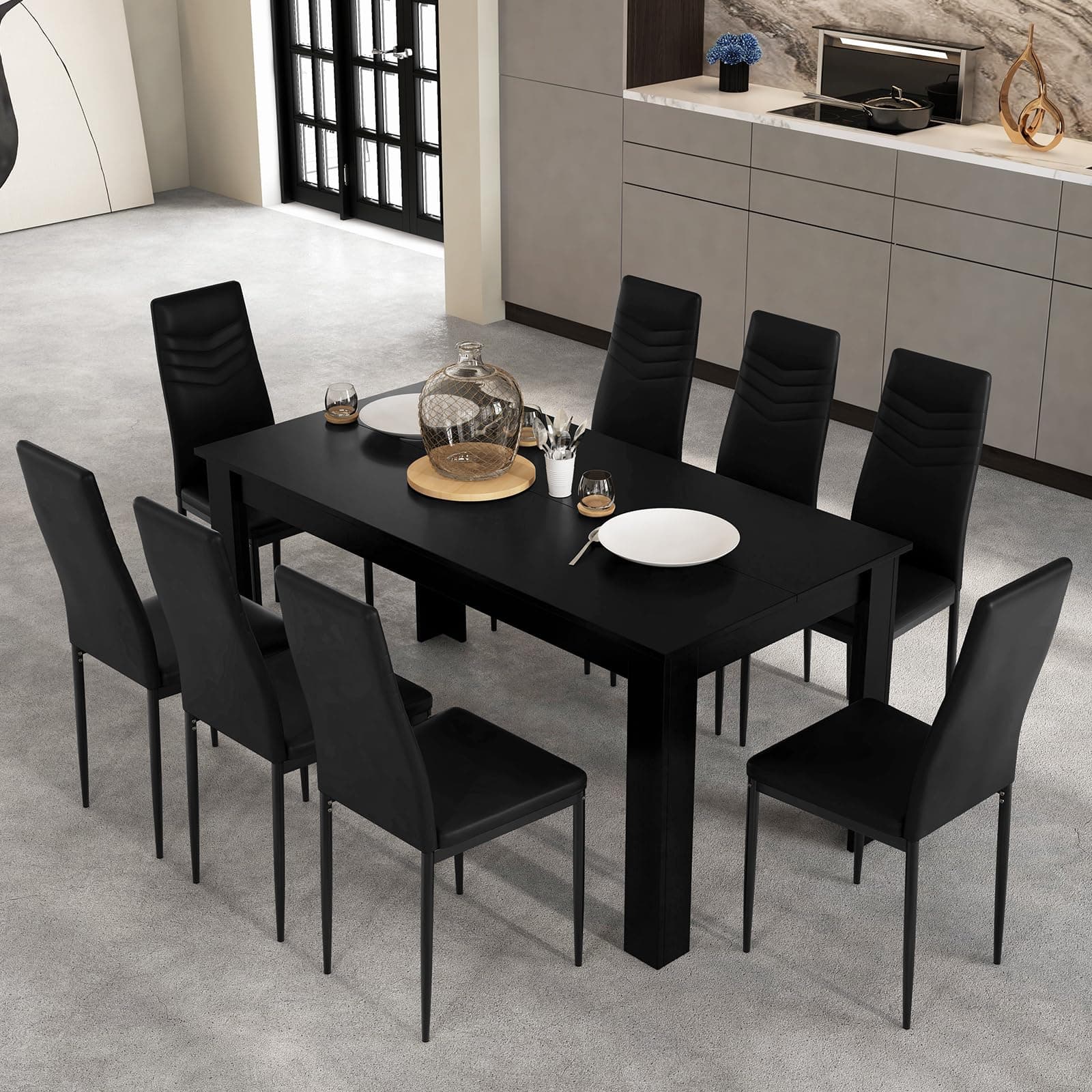 Giantex 9-Pieces Dining Table Set for 6-8, Modern Rectangular Kitchen Table with 8 PVC Leather Dining Chairs, 330Lbs Space-Saving Dinette Set for Breakfast Nook, Kitchen, Restaurant, Cafe, Black