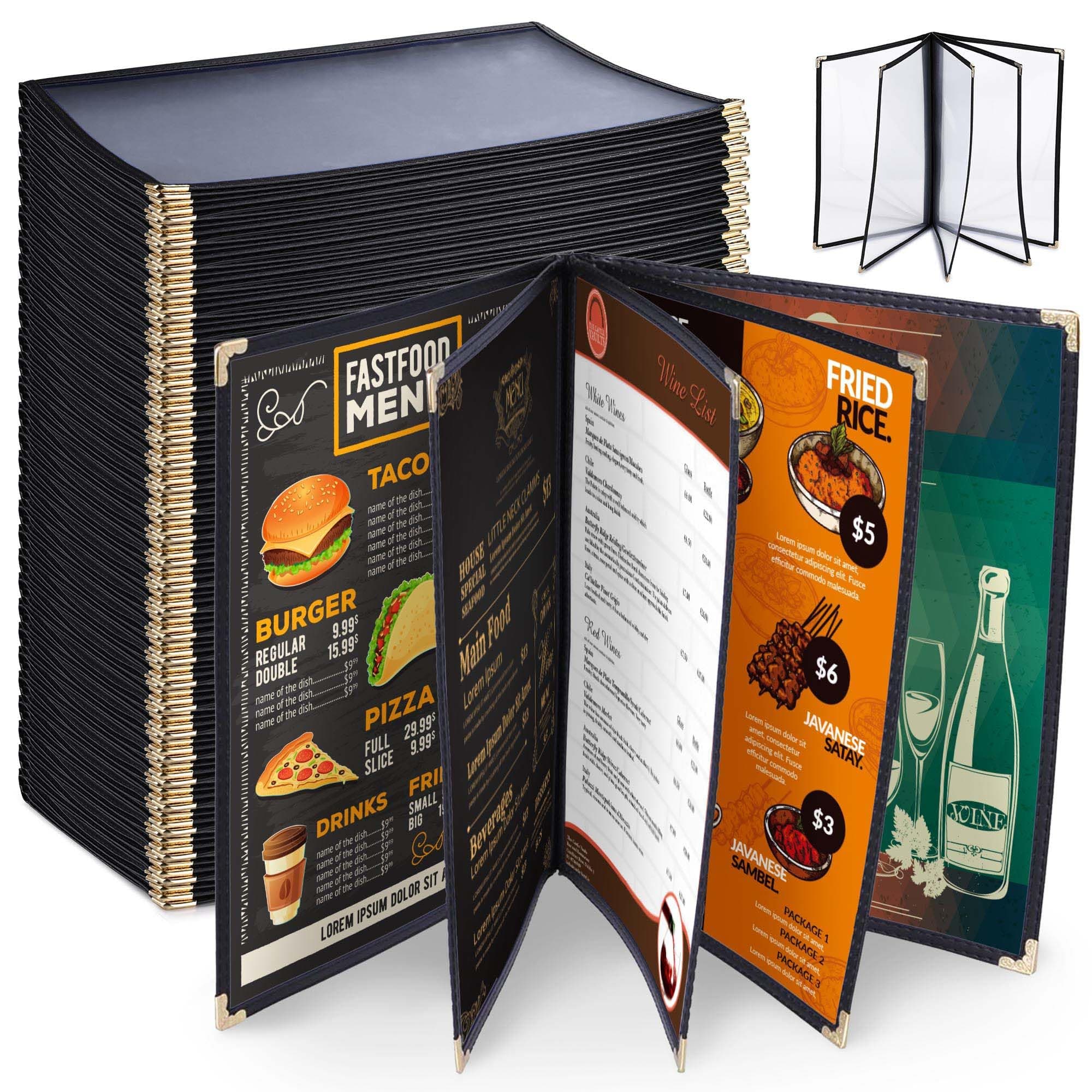 WeChef 30 Pack Restaurant Menu Covers 8.5 x 14" Book Style 5 Pages 10 Views PVC Transparent Restaurant Menu Holder Book Cafe Hotel Club Black