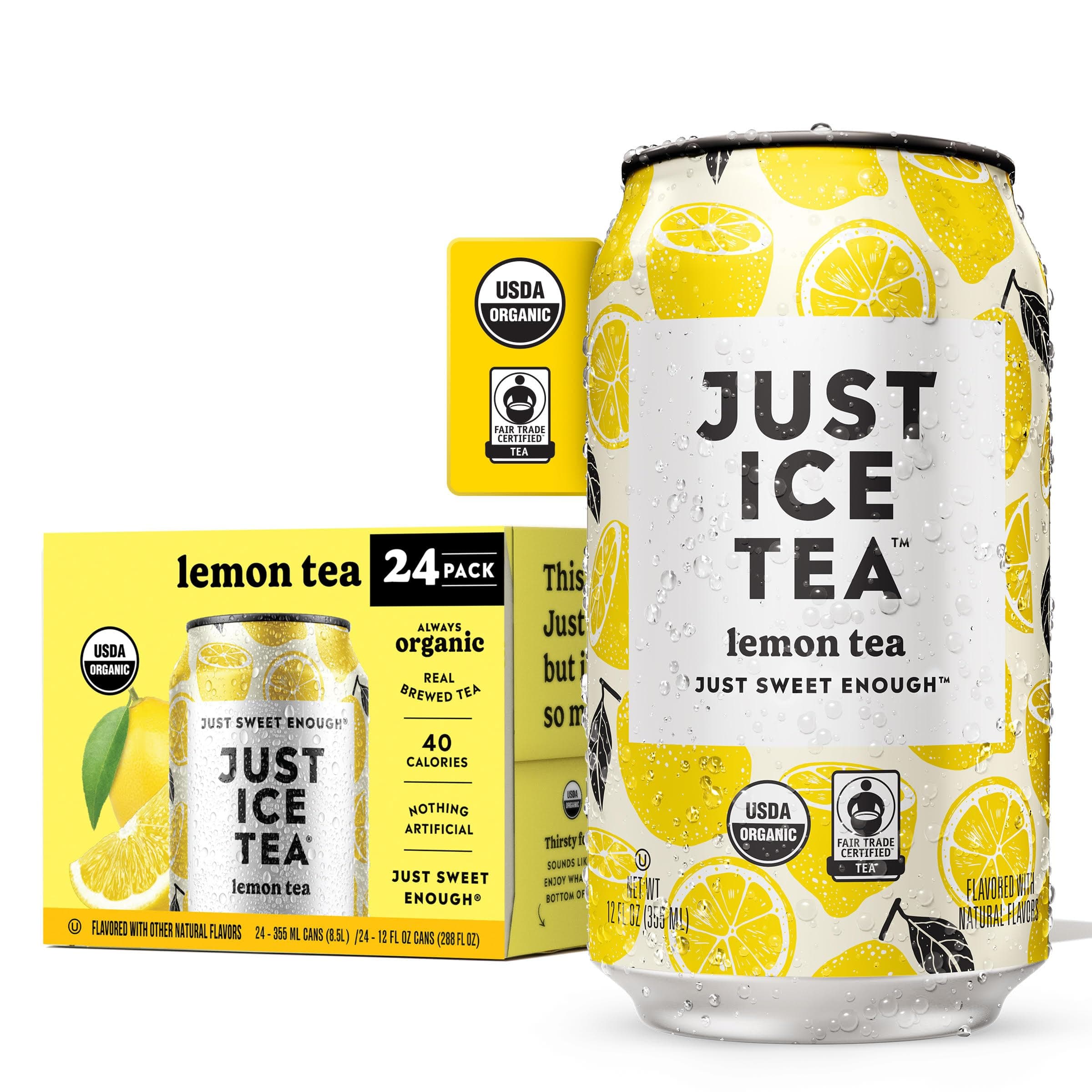 Lemon Flavored Black Iced Tea, 24-Pack (12oz Cans), USDA Certified Organic, Real Brewed, Low Calorie, No Artificial Sweeteners, Fair Trade, Made in USA.