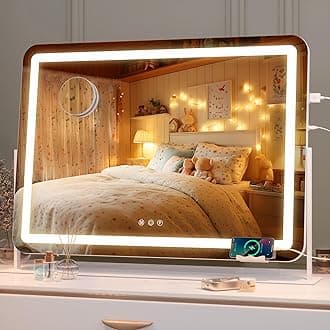 Hasipu Extra Large LED Vanity Mirror 30"x21" - Light up Makeup Mirror with 10X Magnification, Phone Holder, USB Charging & Smart Touch 3-Color Lighting (White)