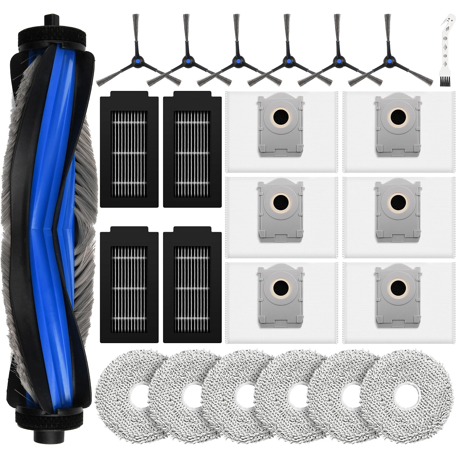 24 Pcs Replacement Parts for Ecovacs Deebot T50 Max Pro Omni/T50 Pro Omni/T50 Max/T50 Pro/T50 Omni Robot Vacuum, Include 1 Main Brush, 6 Dust Bag, 4 Filter, 6 Side Brush, 6 Mop Pad and 1 Cleaning Tool