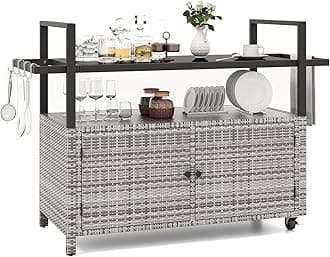 Tangkula Outdoor Bar Cart, Patiojoy Rolling Wicker Buffet Serving Cart with Tempered Glass Top, Storage Cabinet & 8 Hooks, Kitchen Island Cart on Wheels for Porch Backyard Garden Poolside (Mix Grey)