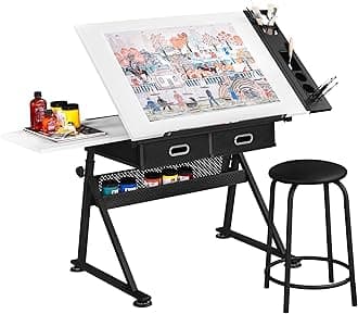 Height Adjustable White Art Desk for Adults, Tilting Tabletop Drafting Drawing Table with Extra Large Desktop and Drawers, Foldable Stand up Craft Painting Table and Chair Set with Stools