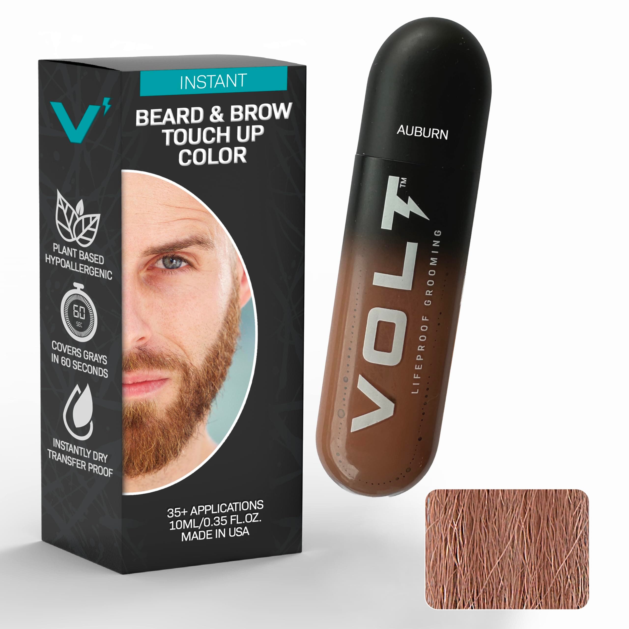 VOLT Grooming Temporary Instant Beard Color for Men, Quick Drying Plant-Based Brush On Beard, Hair, Mustache & Eyebrow Color, Safe for Sensitive Skin, Auburn Red, 1 Pack, Up to 35 Applications