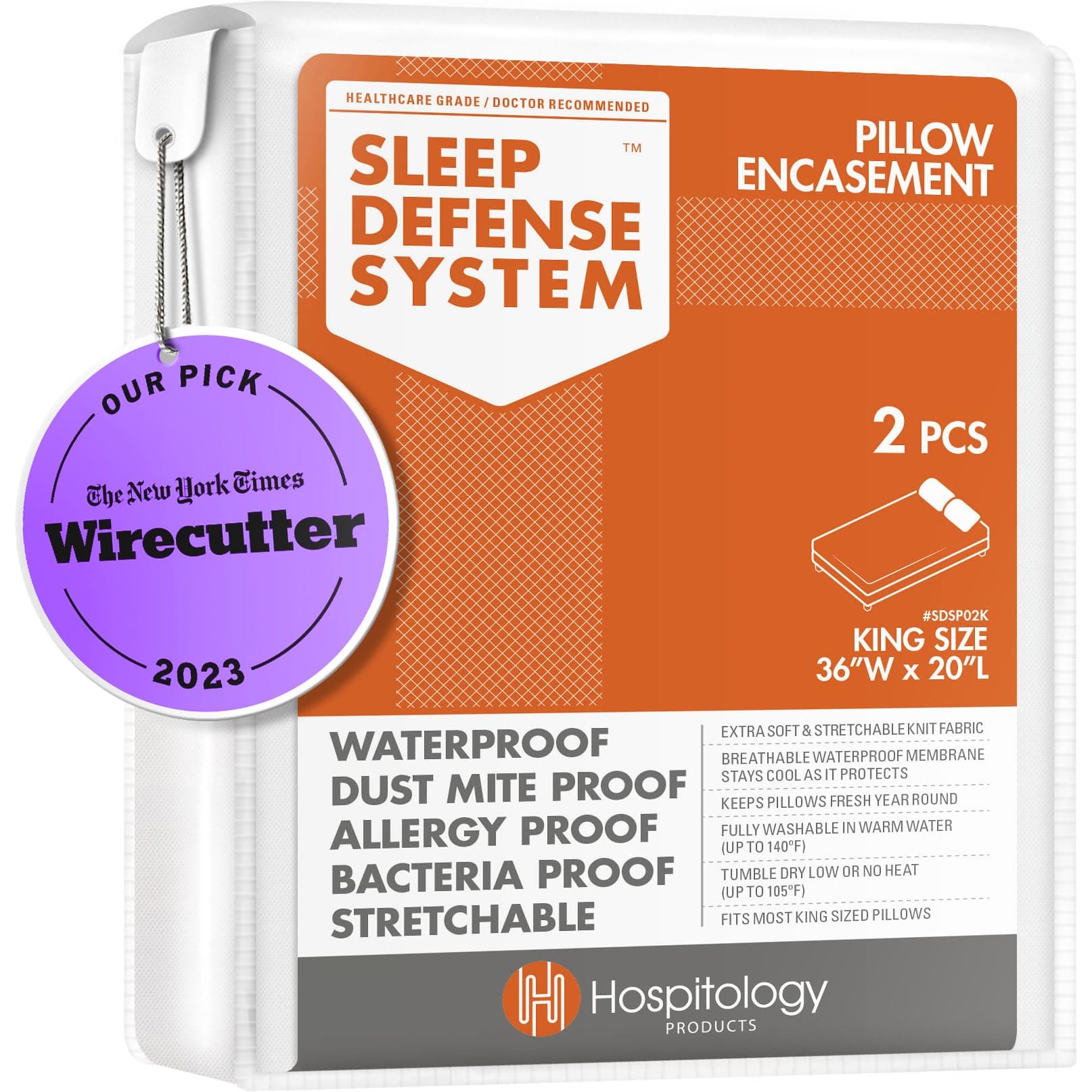 King : The Original Sleep Defense System - Waterproof / Bed Bug / Dust Mite Proof - PREMIUM Zippered Pillow Encasement & Hypoallergenic Protector, Set of 2, 20-Inch by 36-Inch, King