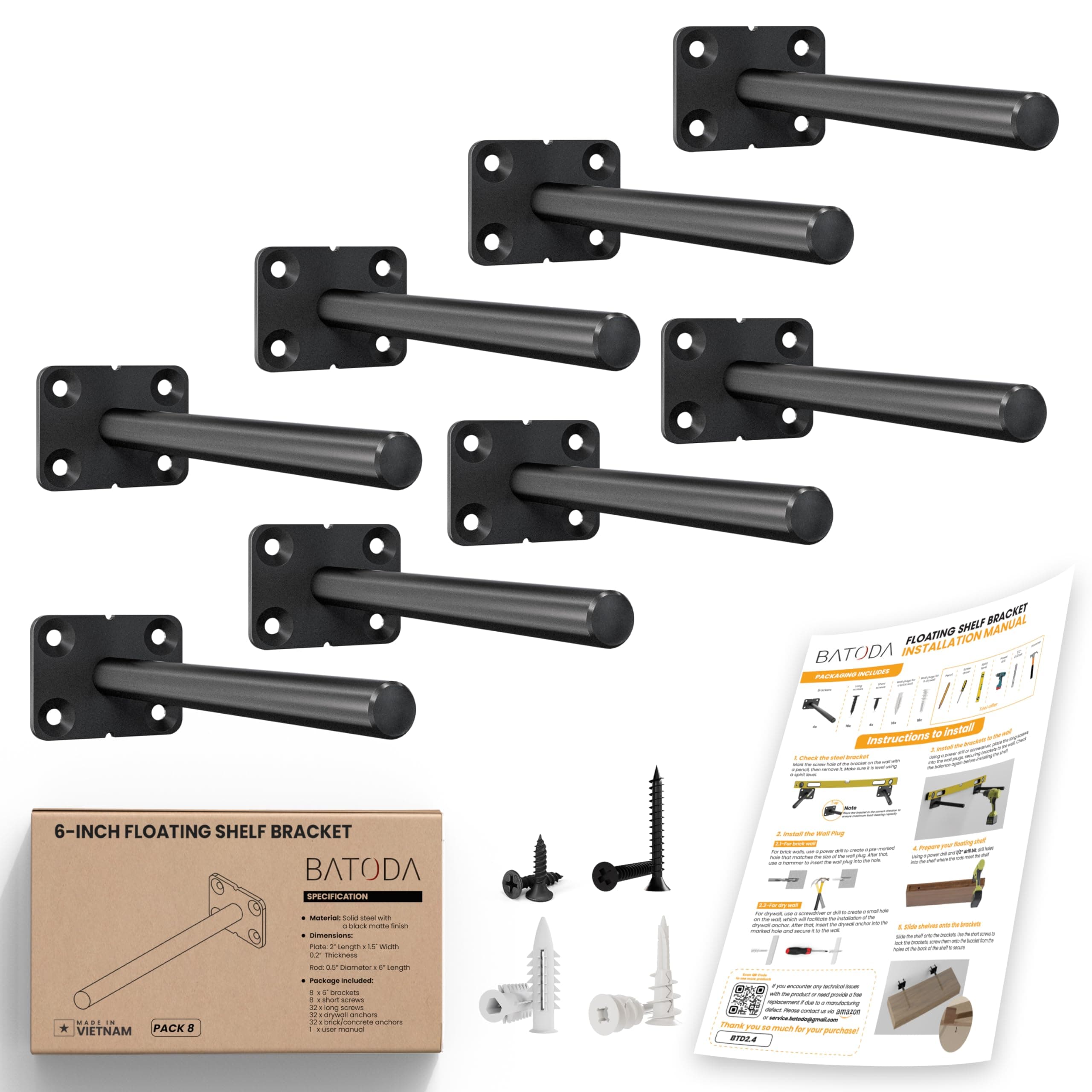 BATODA - 6" Floating Shelf Bracket (8 pcs) - Solid Steel Blind Shelf Supports - Hidden Brackets for Floating Wood Shelves - Blind Shelf Support – Shelving Mounting Hardware Included (Pack 8)