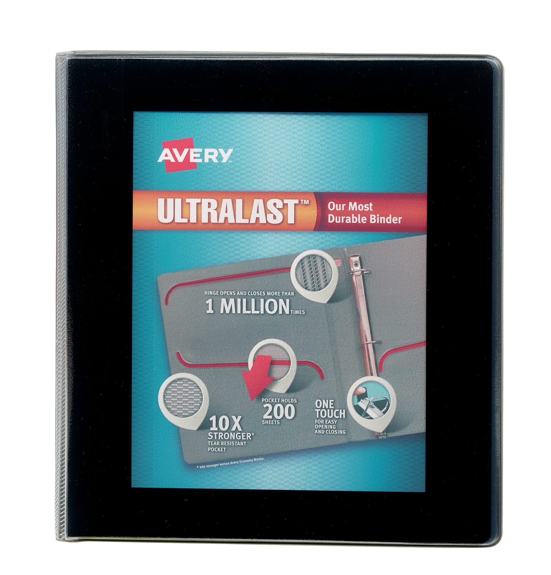 AVERY 1.5" Ultralast 3 Ring Binder, One Touch Slant Ring, Holds 8.5" x 11" Paper, 1 Black Binder (79711)