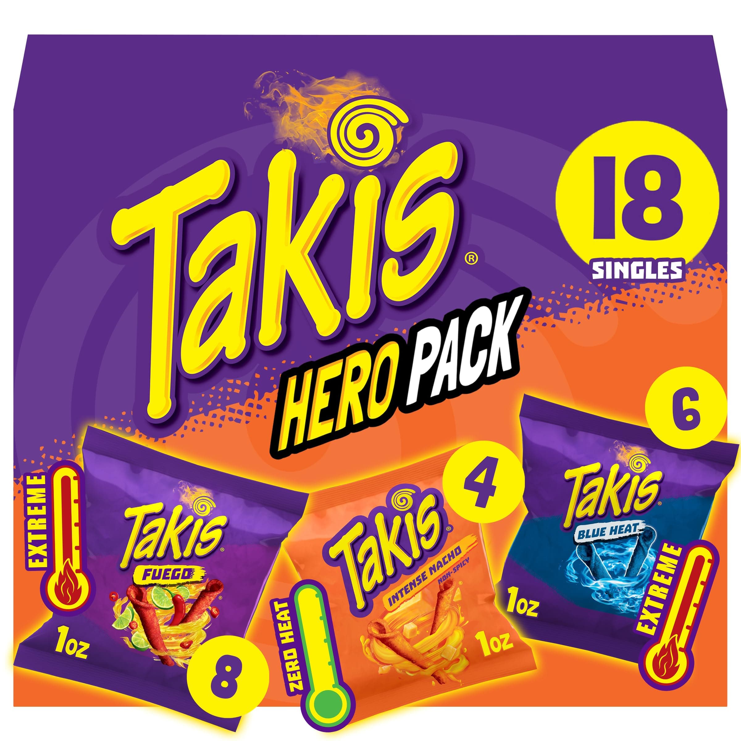 18 pc / 1 oz Hero Variety Pack, Assorted Flavored Mixed Rolled Tortilla Chips – (8) Fuego, (6) Blue Heat, (4) Intense Nacho