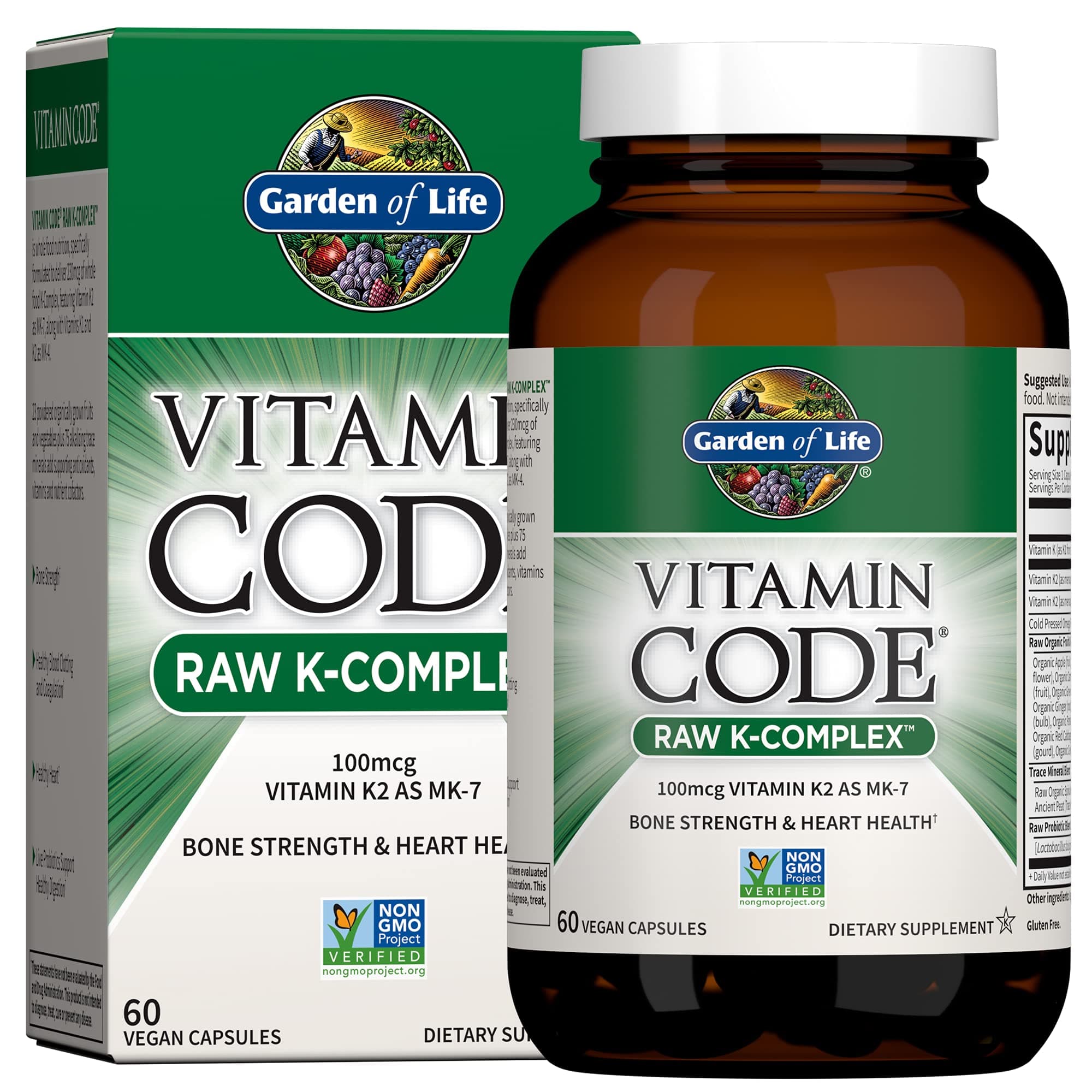Vitamin K2 and K1, Vitamin Code Vegan K Complex Vitamin for Bone Strength and Heart Health, Omega Rich Flax Seed Oil, Trace Minerals, Probiotics, 60 Day Supply