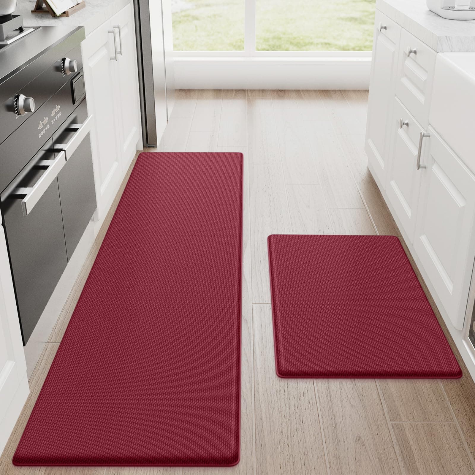 StepRite Kitchen Mats, 2PCS Kitchen Rugs, Cushioned Anti Fatigue Kitchen Mats for Floor, Non-Slip Standing Desk Mat, Waterproof Kitchen Rug Set for Kitchen, Floor, Office, 17.3"×30"+17.3"×59", Red
