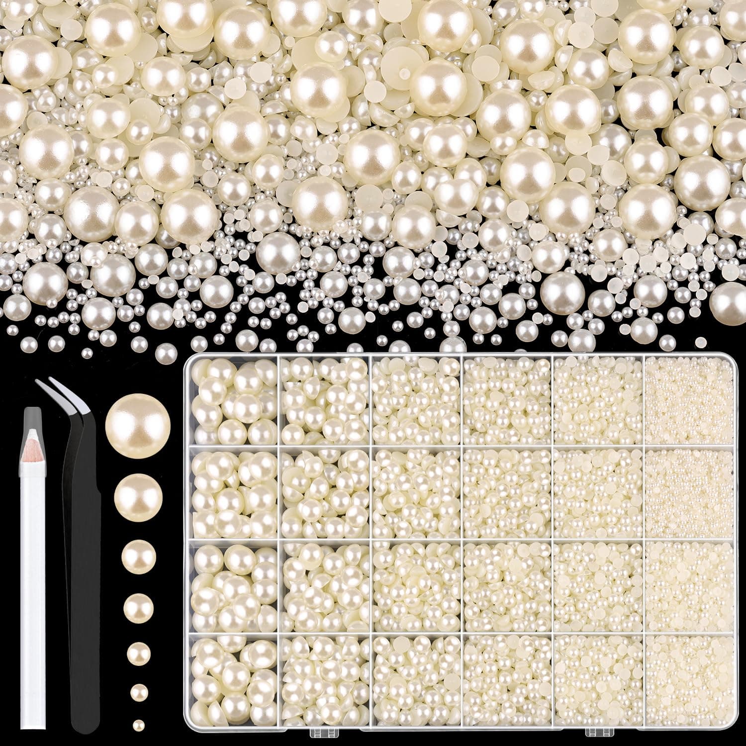 11000Pcs Flatback Pearls for Crafting (Ivory White/Beige), Assorted Size 2/3/4/5/6/8/10mm Half Pearl, Bedazzling Bead for DIY Crafts Clothing Tumblers Mugs Shoes Fabric Embellishment Nail Art Makeup