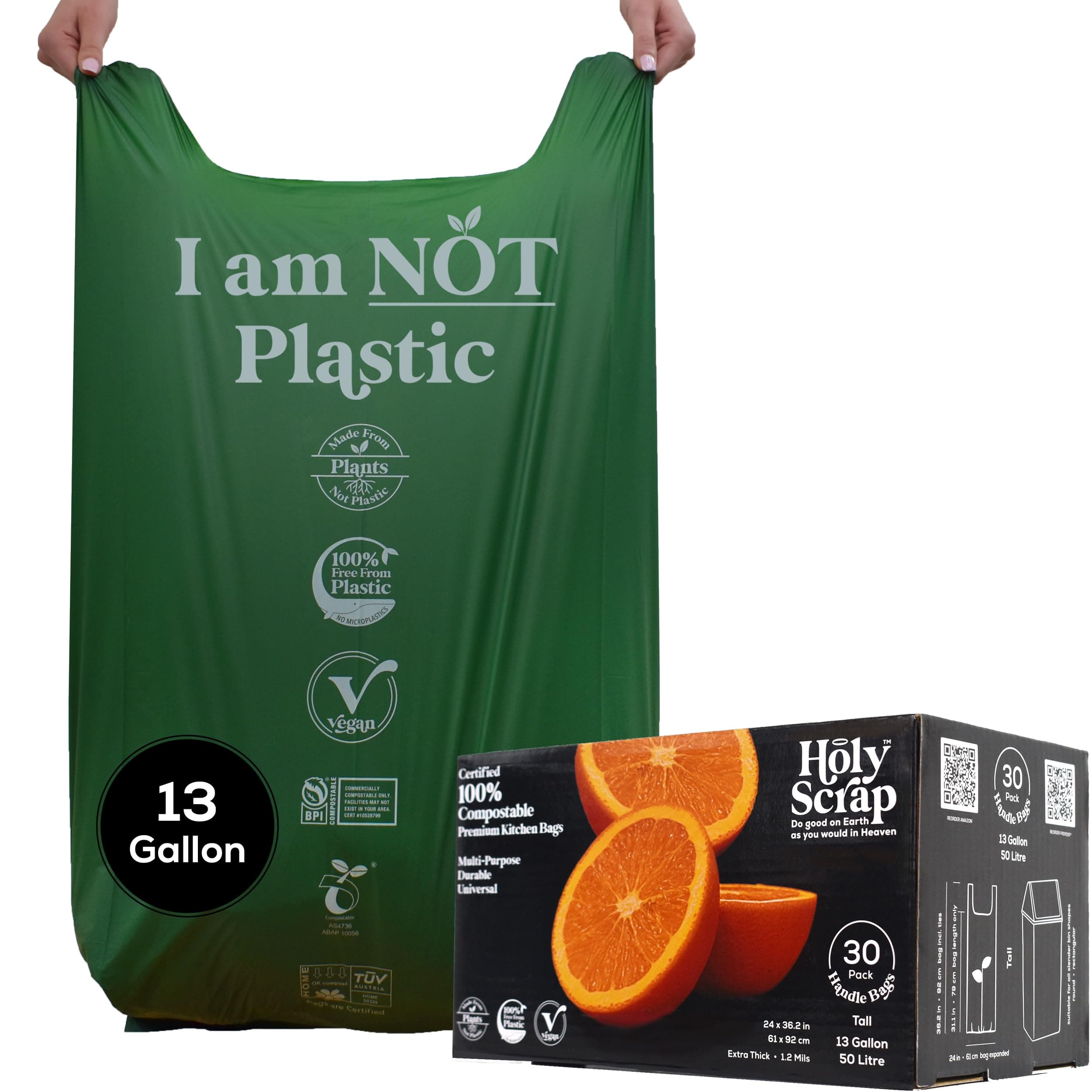 Extra Large Compostable Trash Bags - 13 Gallon, 30 Pack | Plastic-Free & Decomposing Tall Kitchen Garbage Bags & Liners with Easy-Tie Handles | Thick Bin Bags for Green & Food Waste