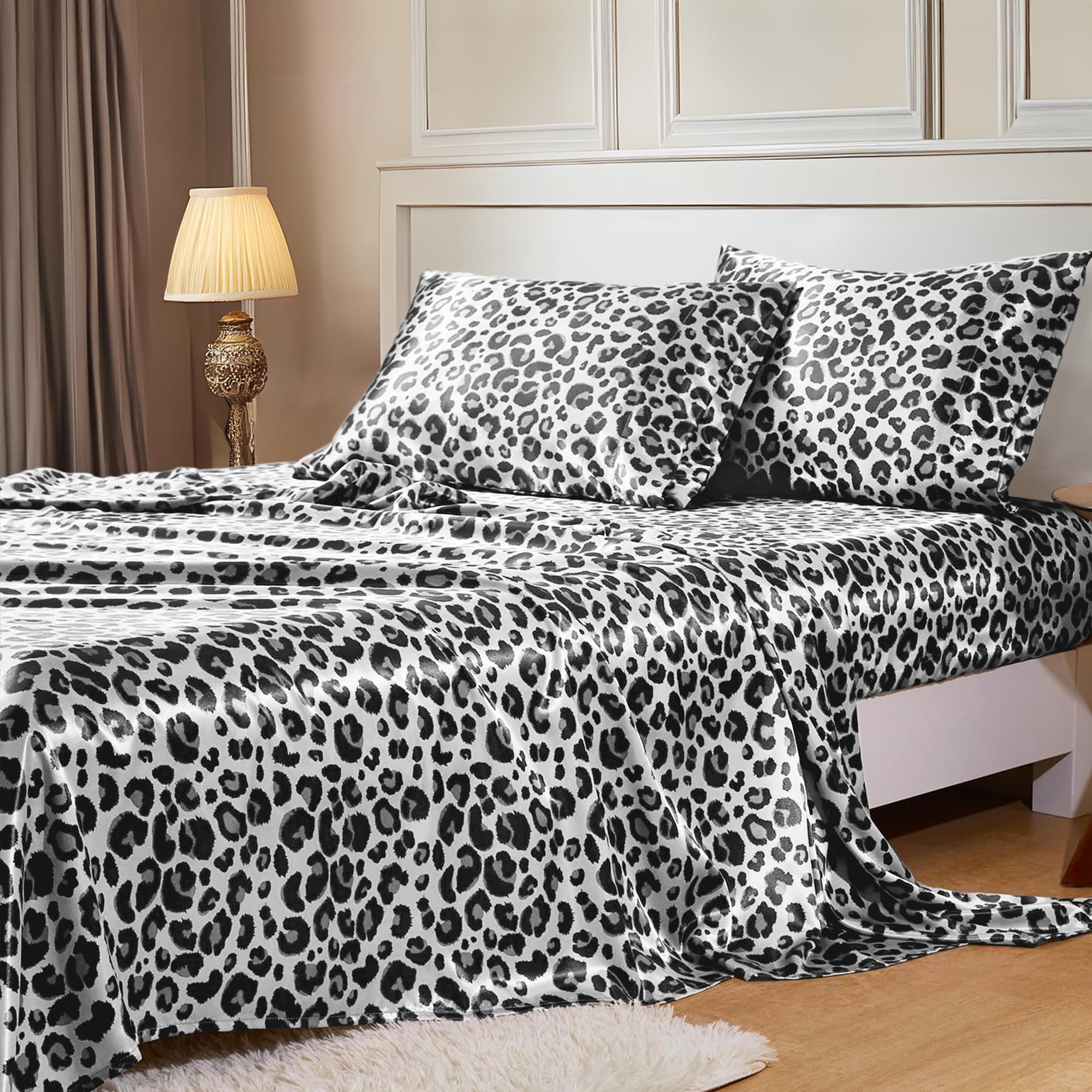 MR&HM Satin Sheets with Elastic Corner Straps, Queen Size Sheets Set, 4 Pcs Silky Bedding Set with 15 Inches Deep Pocket for Mattress (Queen, White Leopard)