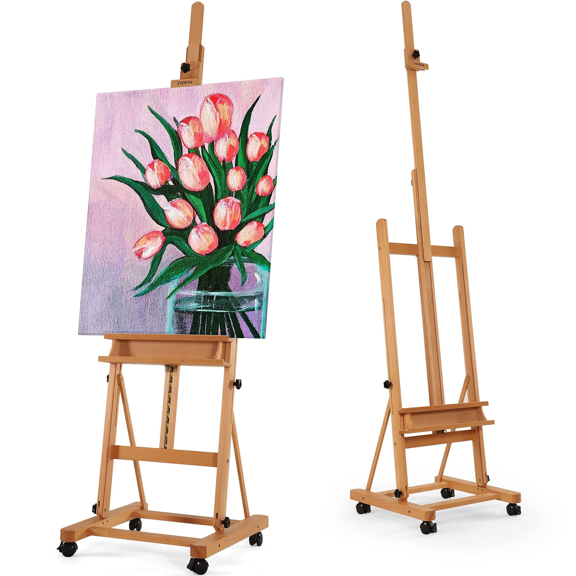 VISWIN Beechwood H-Frame Studio Easel with Adjustable Height & Brake Wheel, Large Artist Easel, Holding Canvas Up to 92.5"-Natural