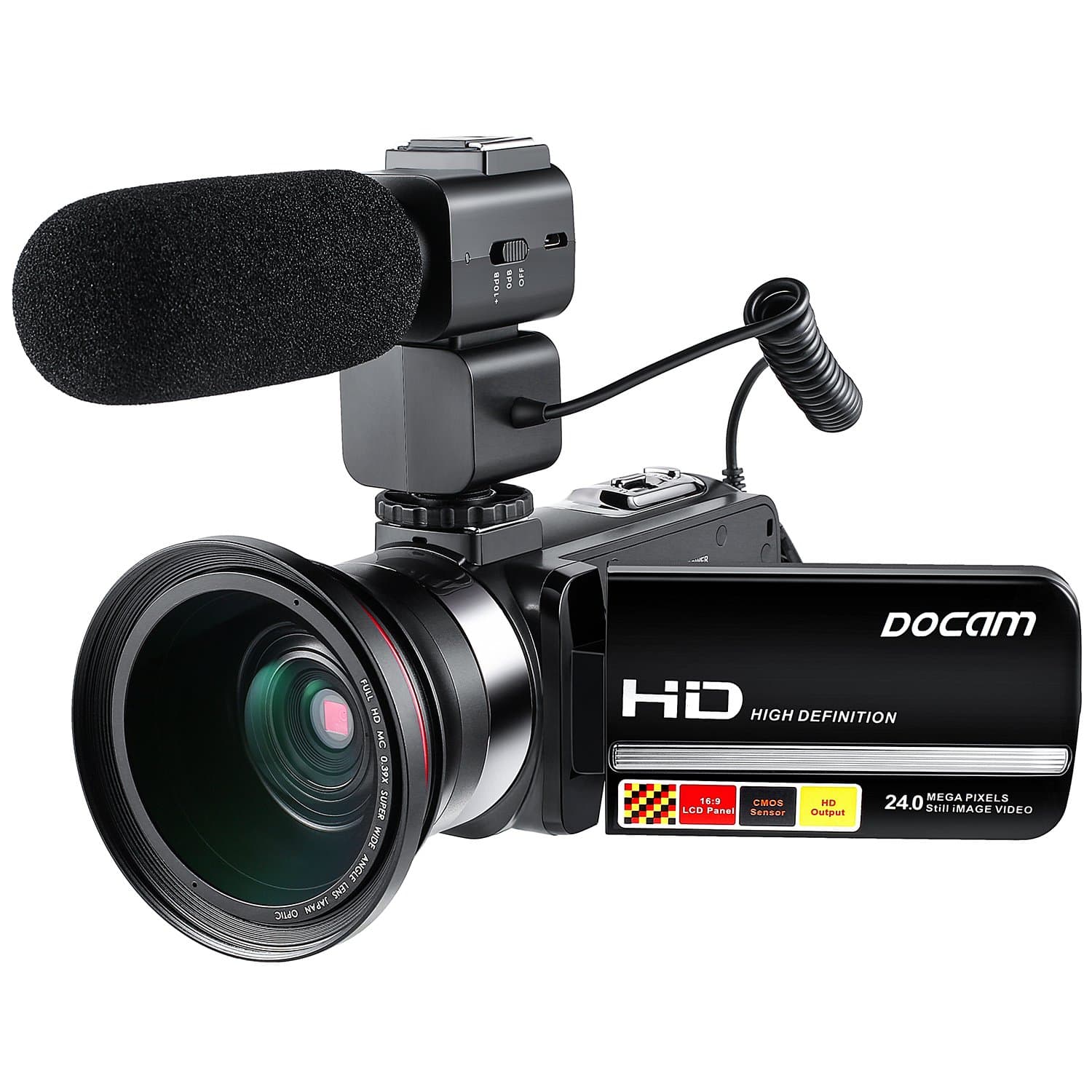 DOCAM 1080P Video Camcorder HD Night Vision Camera with External Microphone Wide Angle Lens