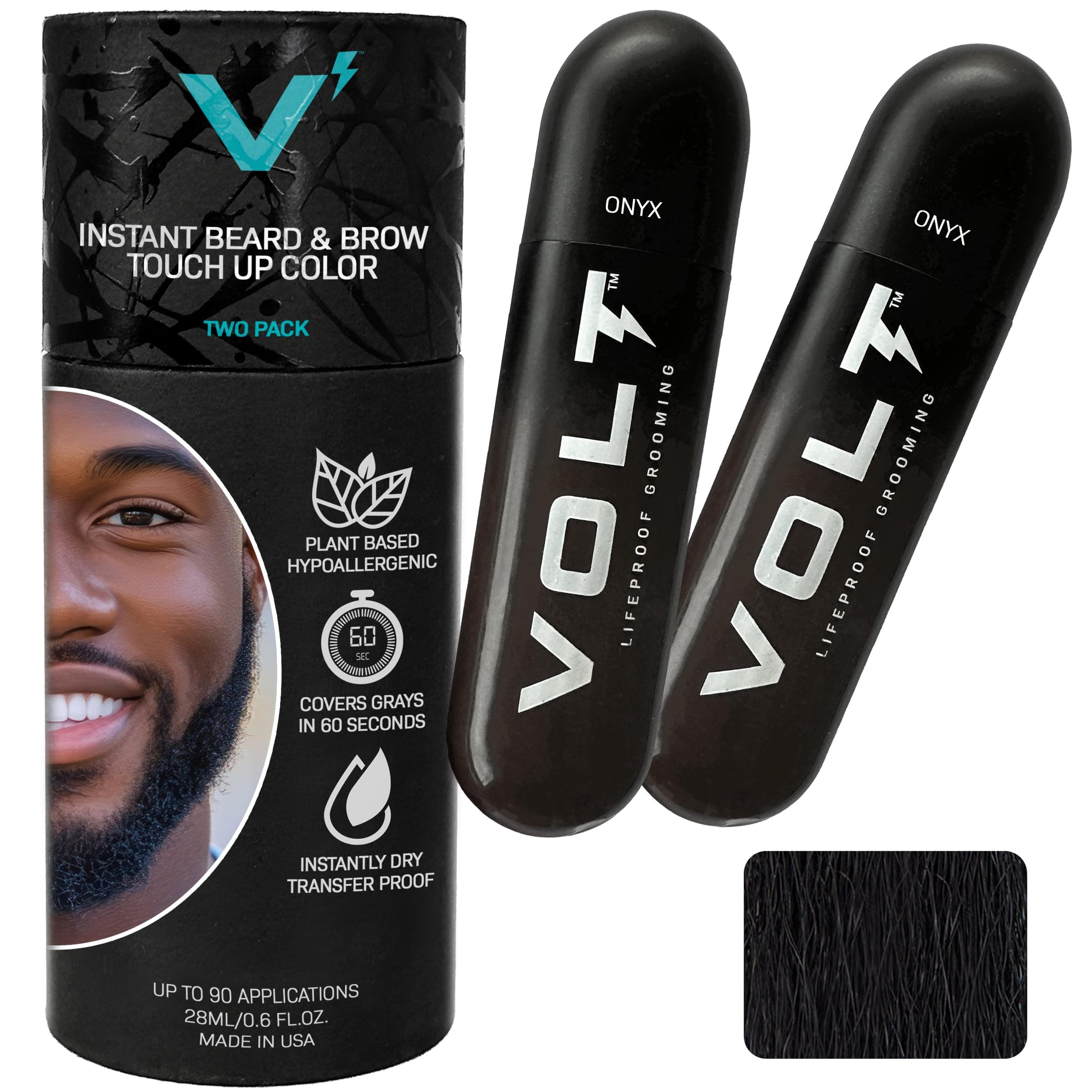 VOLT Grooming Instant Beard Color ECO 2 Pack Refill - Smudge and Water Resistant Quick Drying Brush on Color for Beards, Mustaches, and Eyebrows, Onyx (Black)