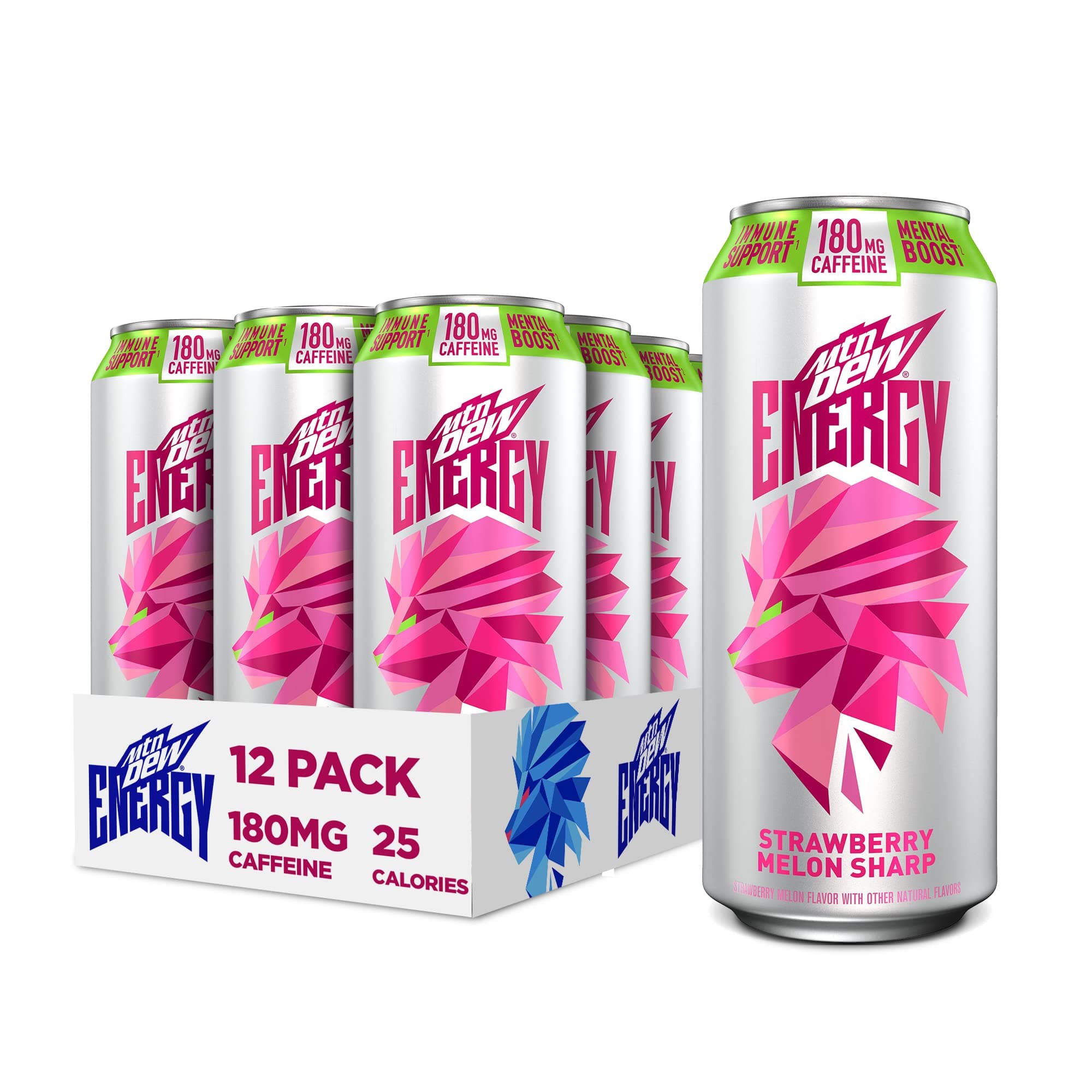 MTN DEW ENERGY, Strawberry Melon Sharp, 16oz Cans (12 Pack) (Packaging May Vary), 0g added sugar, 5% juice, Zinc to help support immune function, Citicoline and caffeine for mental boost*, Antioxidants Vitamins A&C