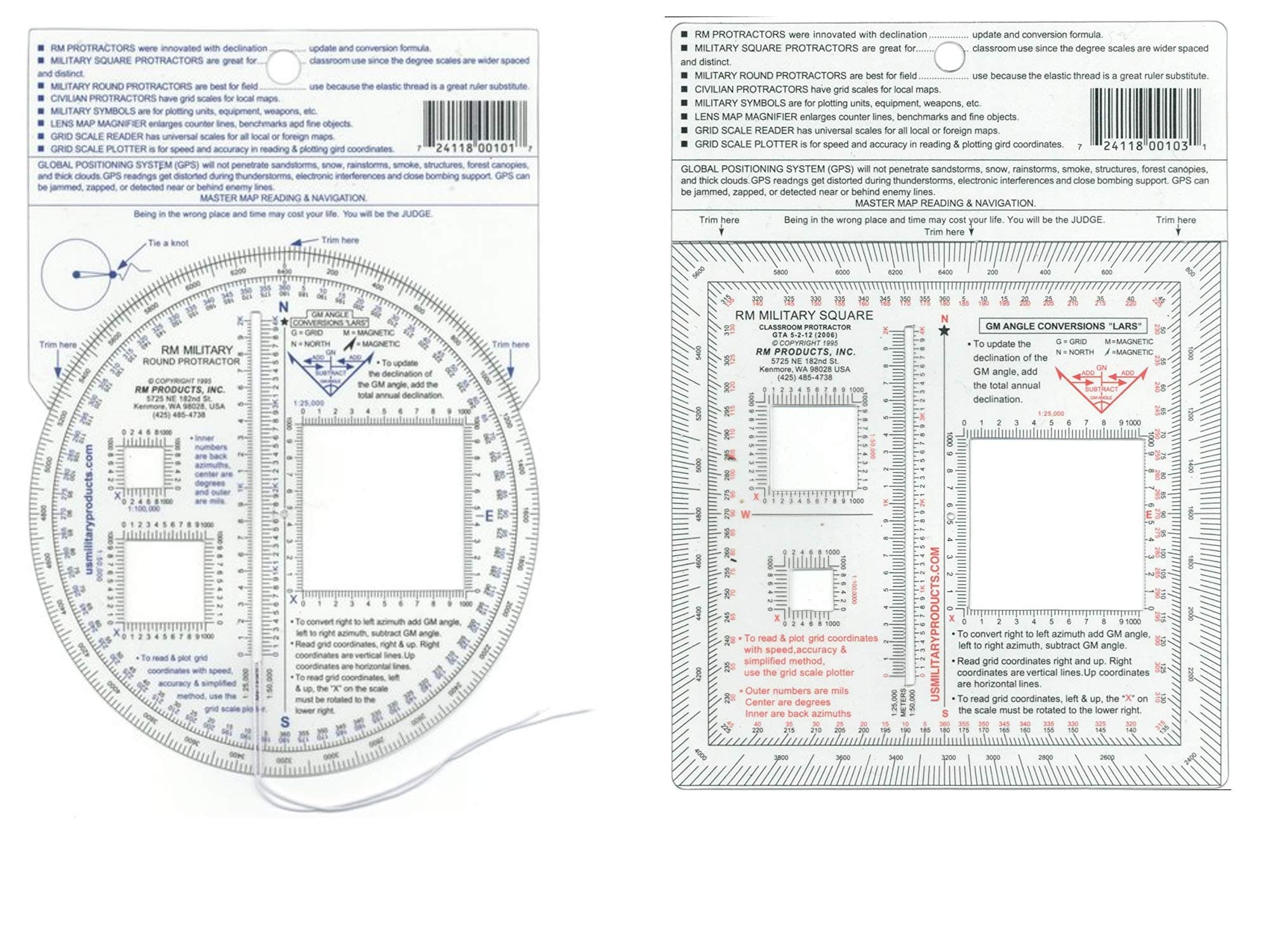 2 Item Bundle - RM Round Military Protractor & RM Square Military Protractor