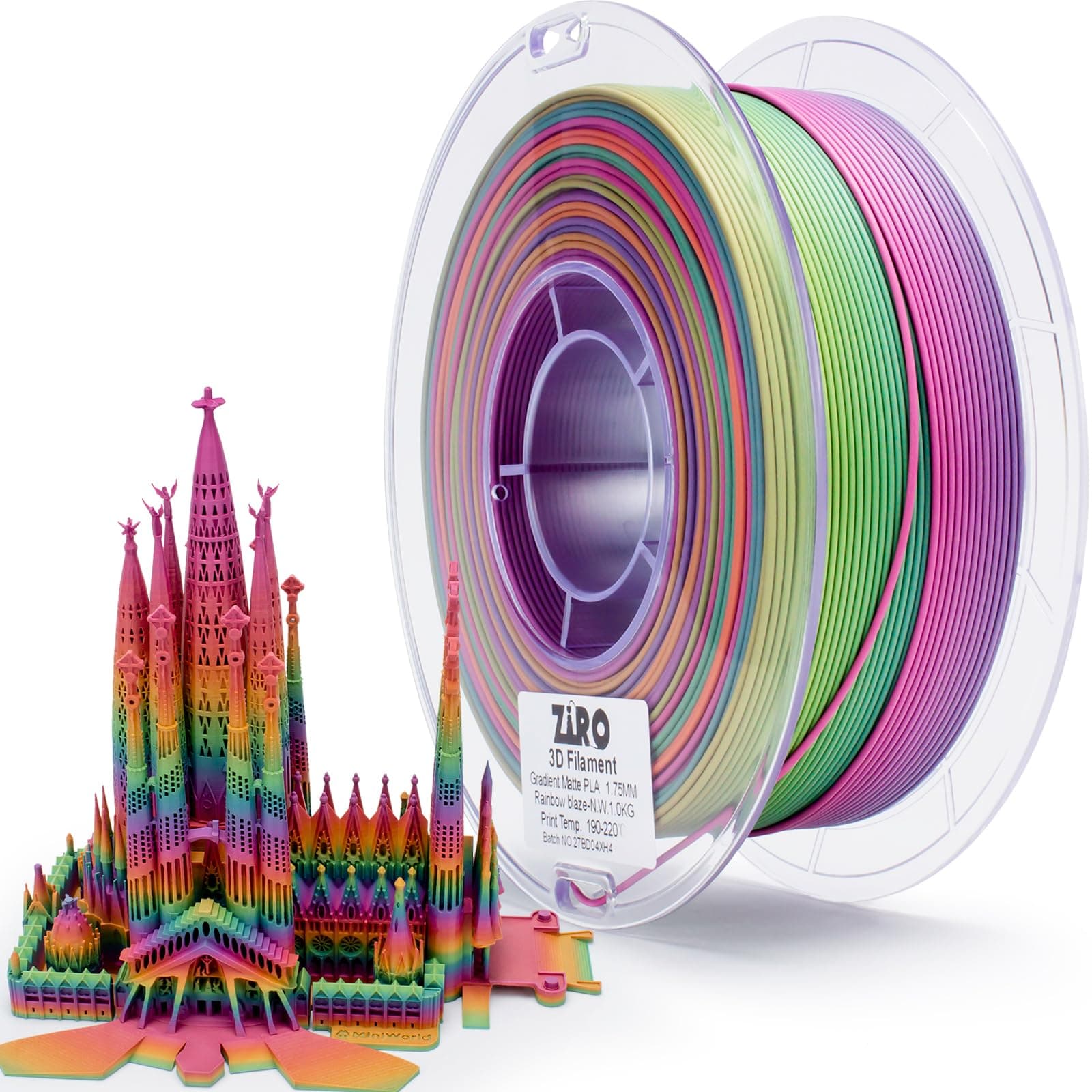 ZIRO Matte Gradient PLA Filament 1.75mm, Matte Multicolor 3D Printer Filament, Fit Most FDM 3D Printers, Dimensional Accuracy +/-0.03mm, 1KG Spool, Rainbow Blaze