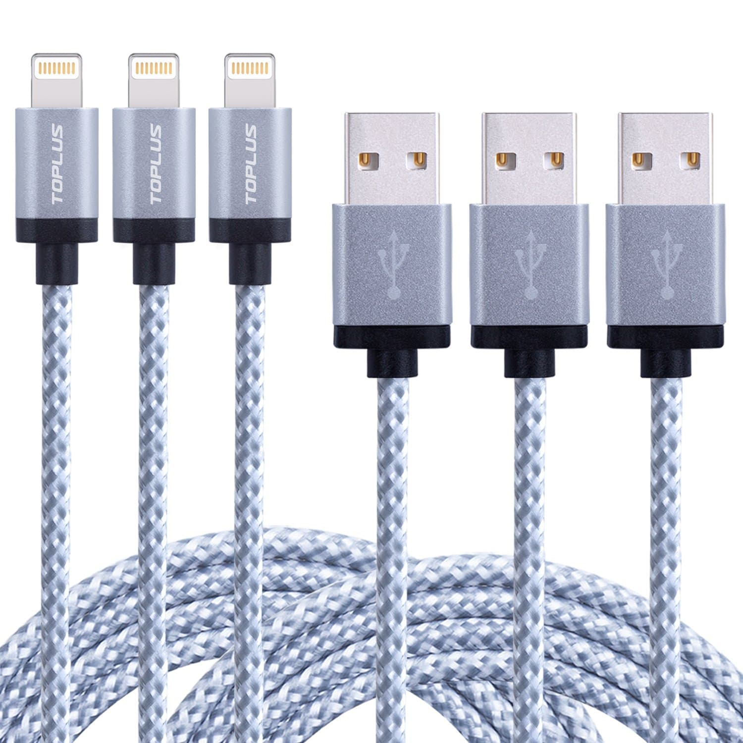 TOPLUS (3 Pack) 2m/6ft Nylon Braided Sync Lightning to USB Cable Charger Compatible with Apple iPhone 7,6/6 Plus, 6s/6s Plus, 5/5c/5s/SE, iPad, iPod