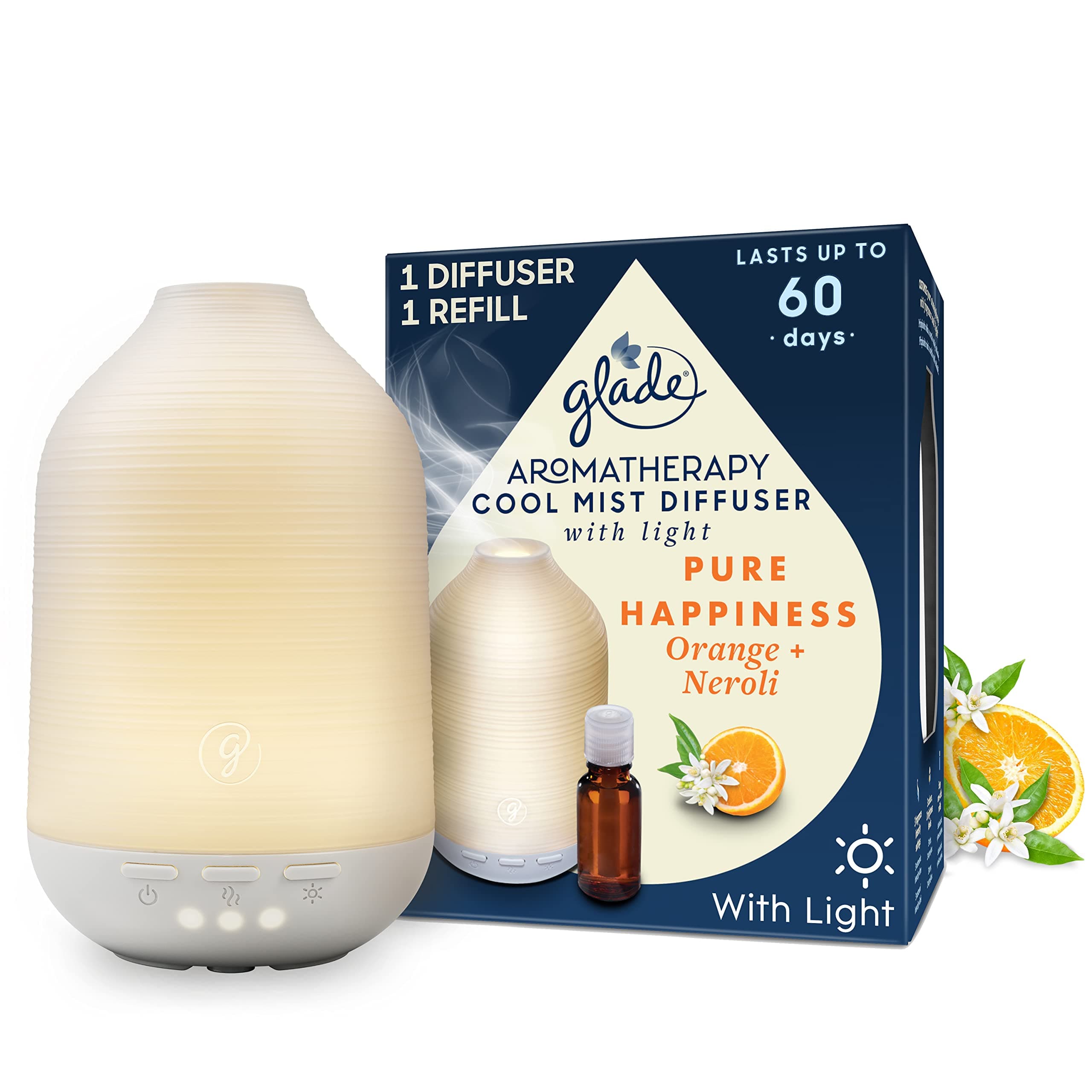 Glade Essential Oil Diffuser Holder & Refill, Cool Mist Aromatherapy Diffuser & Air Freshener for Home, Pure Happiness with Orange + Neroli, 1 Holder + 17.4ml Refill