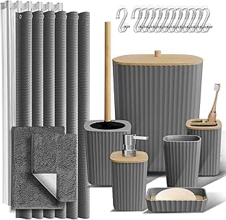 Bathroom Accessories Set - Bathroom Set, Bathroom Sets with Shower Curtain and Rugs, Shower Curtain Set with Bathroom Trash Can - Grey - 22PC