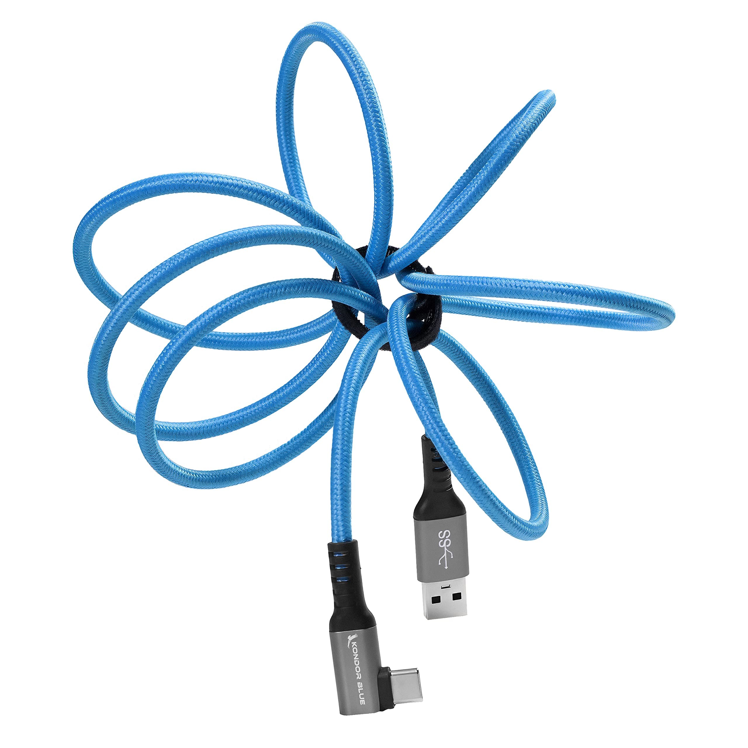 KONDOR BLUE | USB-A to USB-C 3.0 Right Angle High Speed Data and Charging Cable 3A 60W 5G | 5FT Ultra-Durable, & Nylon Braided with Reinforced Metal Connectors | Blue