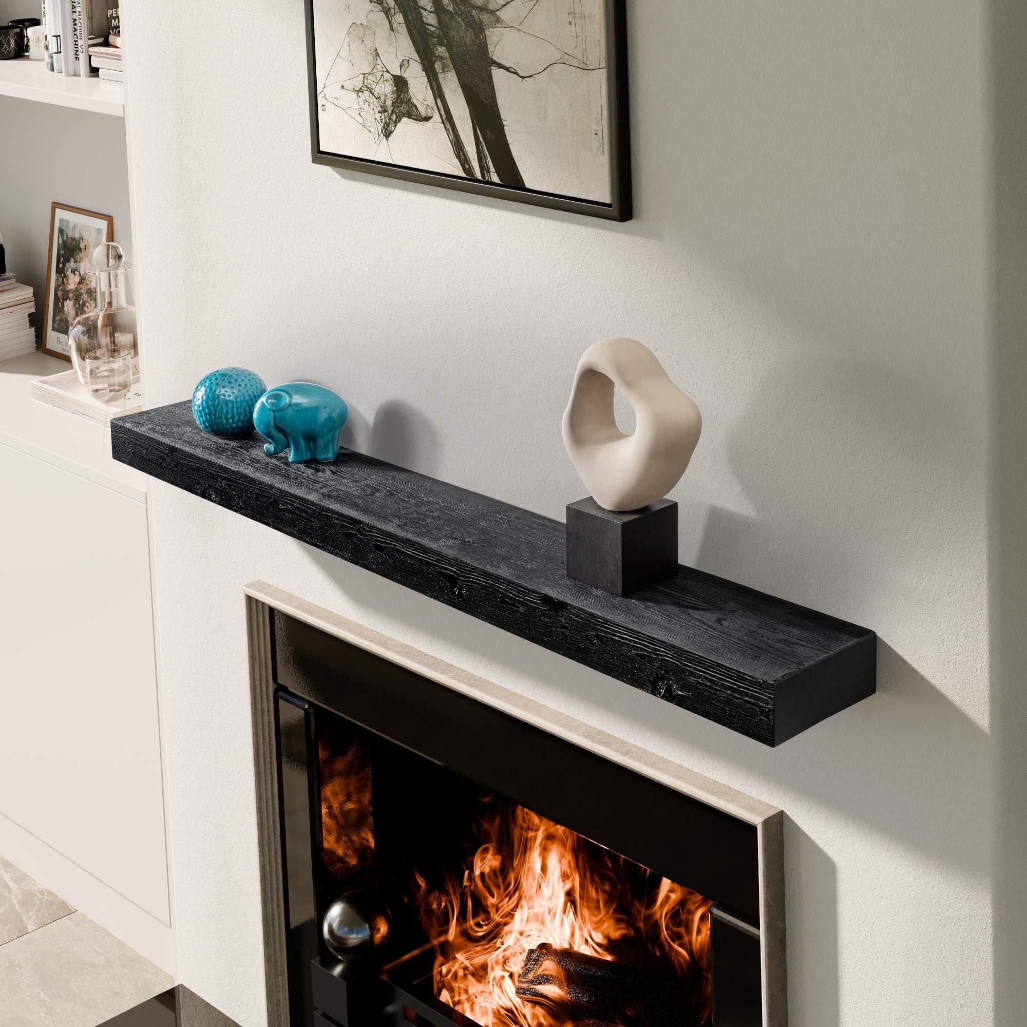 BoscoMondo Solid Wood Fireplace Mantel Shelf, Floating Mantle for Living Room, Farmhouse Rustic Wood Mantel, Easy Wall Mount with Heavy-Duty Metal Bracket (48", Intense Black)