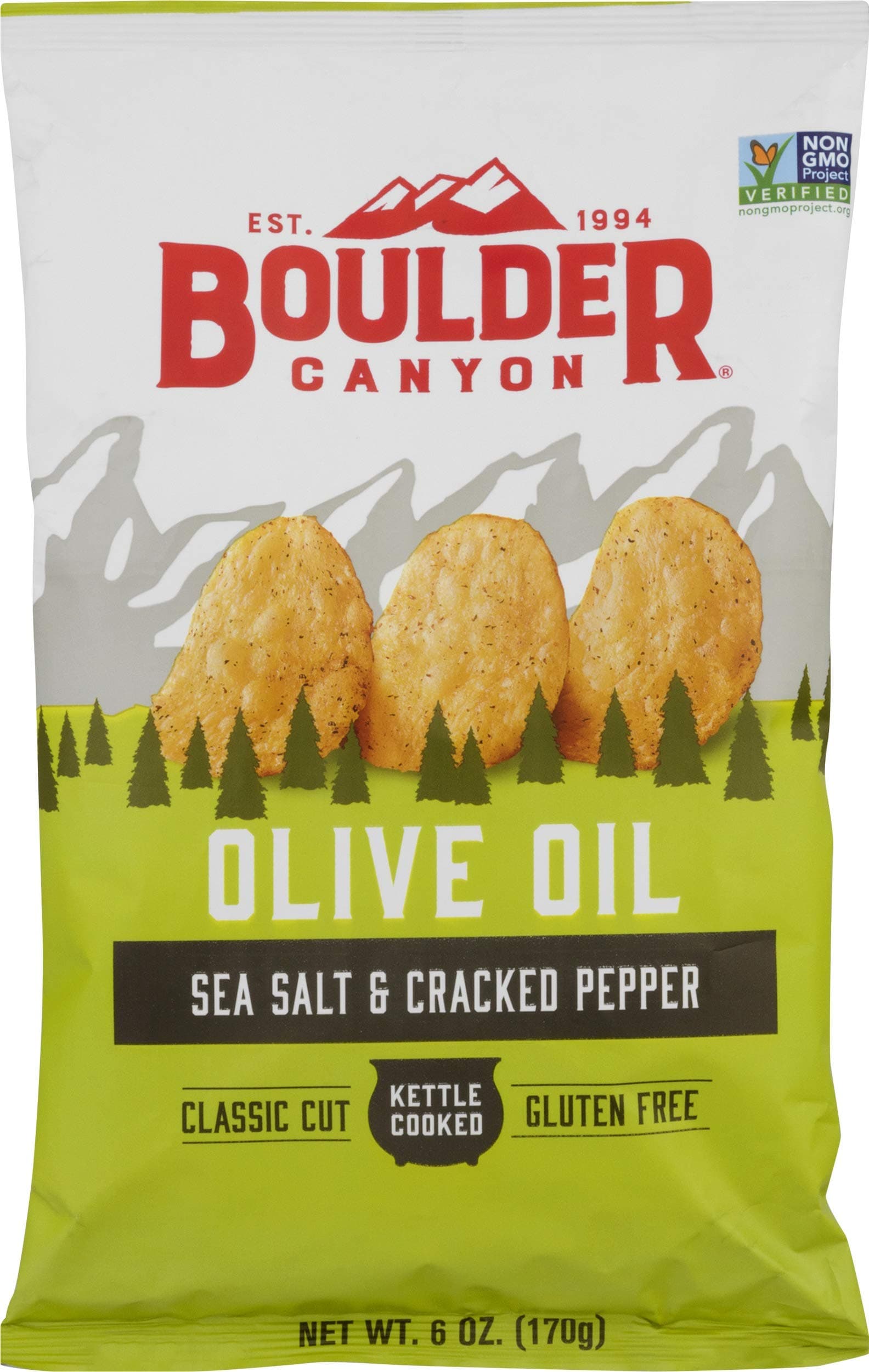 Boulder Canyon Kettle Cooked Potato Chips, Cooked in 100% Olive Oil, NON-GMO Verified, Gluten Free, Sea Salt & Cracked Pepper, 6 Ounce
