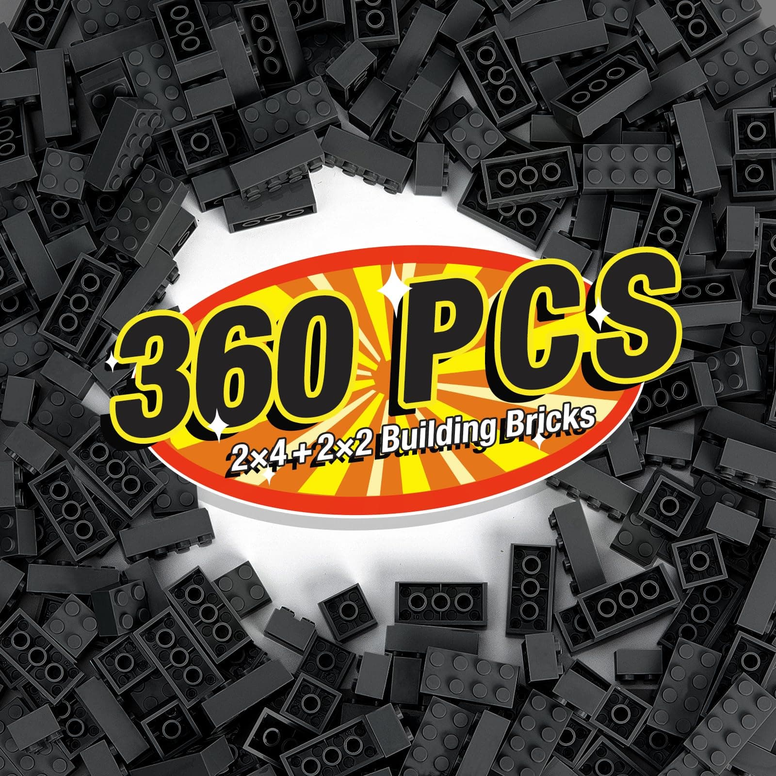 360 Pieces Building Bricks, Classic Basic Flats Parts and Pieces - 2x4 Brick x200 and 2x2 Brick x160, Moc Building Bulks Compatible with All Major Brands, Black